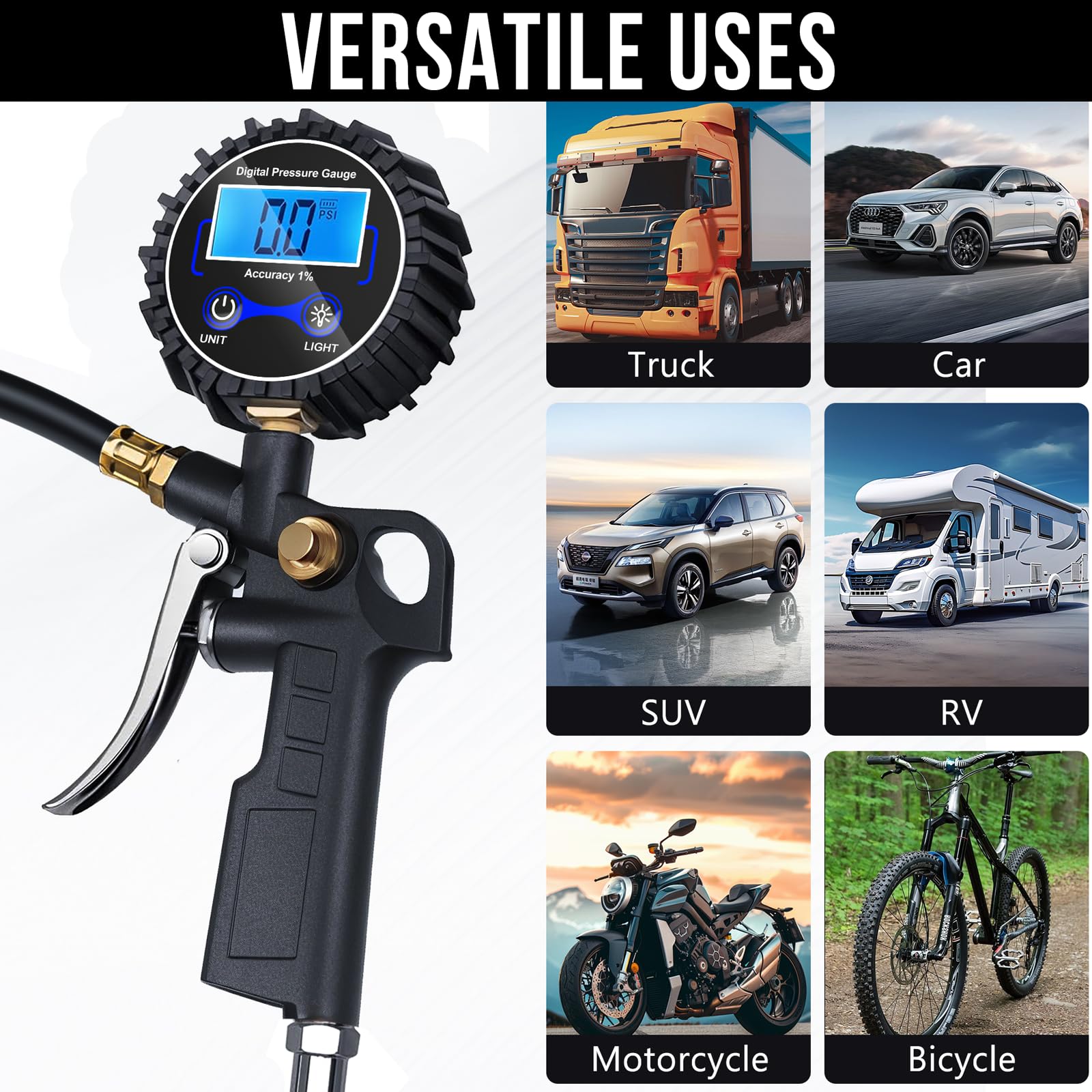 DigitPro Digital Tire Pressure Gauge with Inflator, 3-250 PSI Air Compressor Accessories with Air Chuck Quick Connect Coupler, Car Attachments with Rubber Hose for Car, Truck, SUV, Cycle, RV