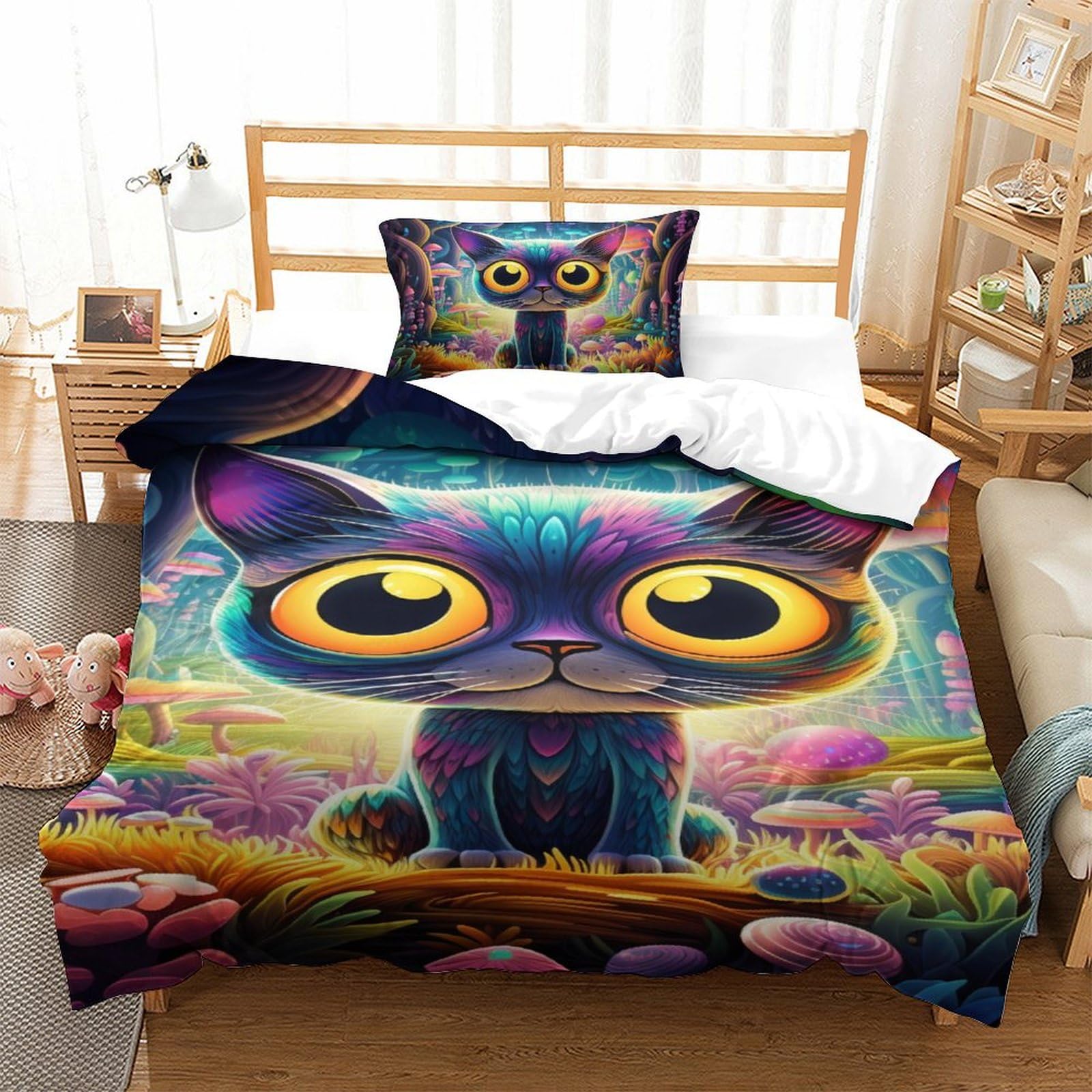 Parure de lit chat 3D microfibre housse de couette enfant 135x200 et taie d'oreiller zippée