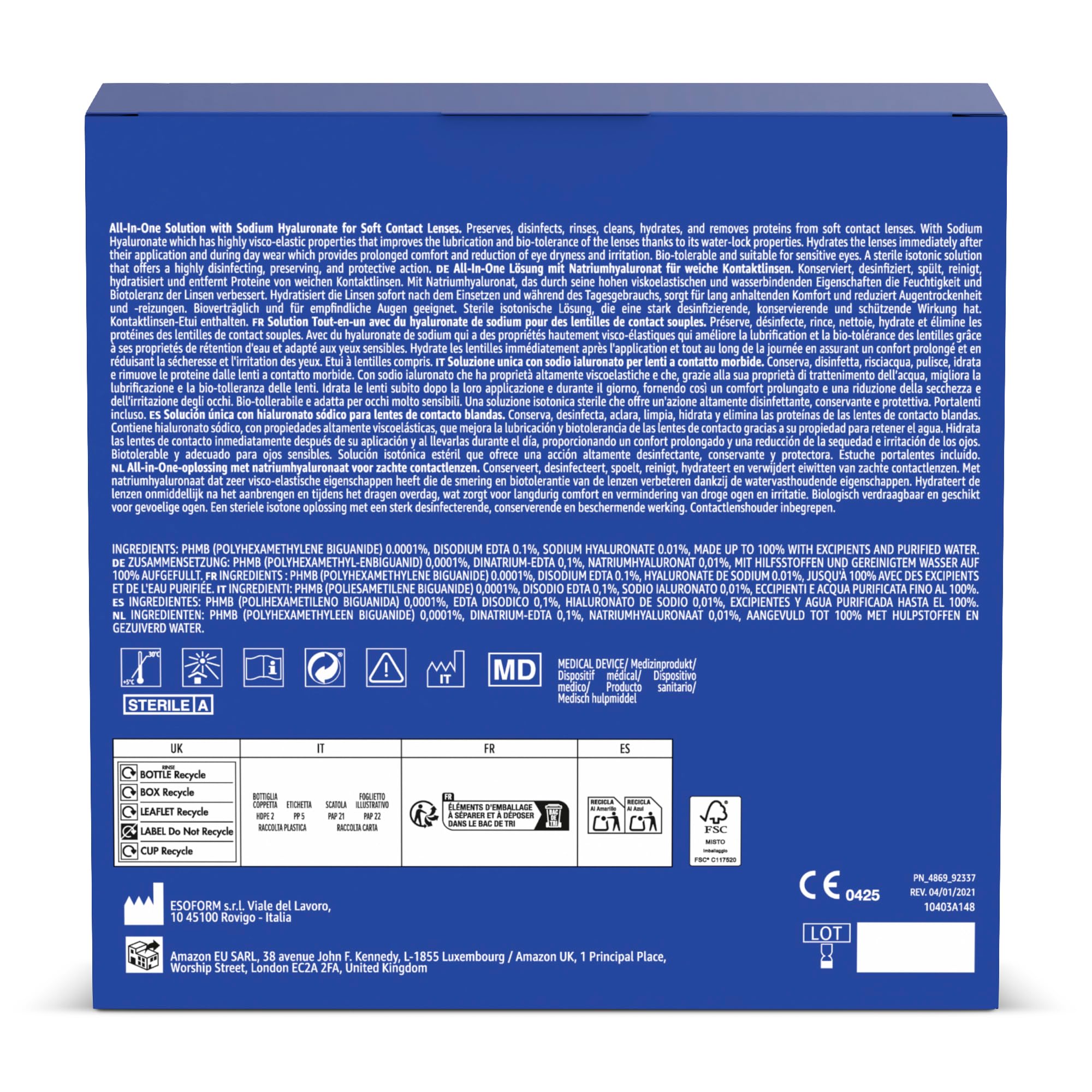 Healthcare by Amazon Solución única con hialuronato sódico para lentes de contacto blandas, 3 x 360ml, (anteriormente Amazon Basic Care, el embalaje puede variar)