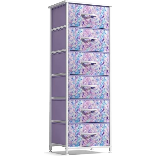 Sorbus Fabric Dresser for Kids Bedroom - Chest of 6 Drawers, Tall Storage Tower, Clothing Organizer, for Closet, for Playroom, for Nursery, Steel Frame, Fabric Bins - Wood Handle (Tie Dye Purple)