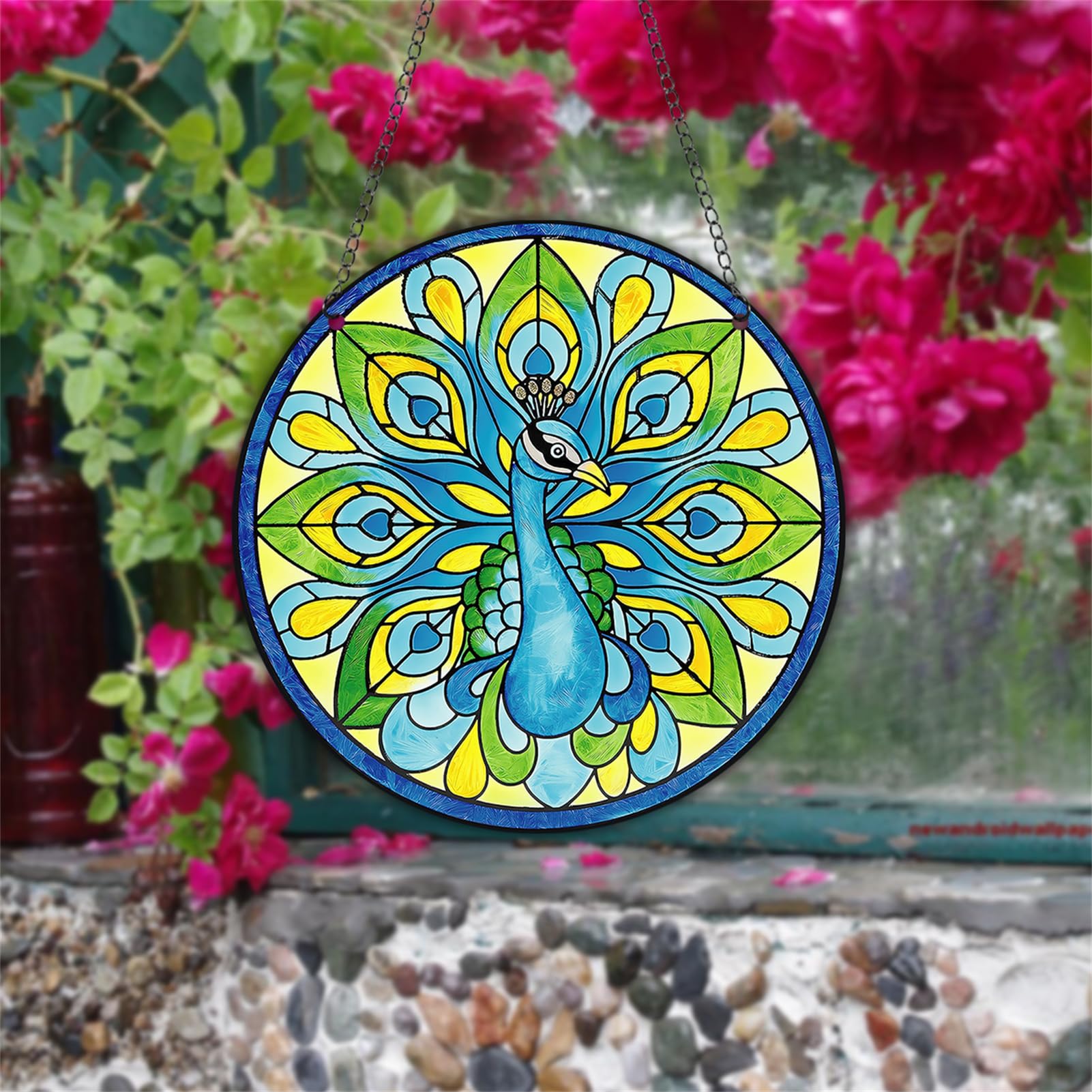 WOHAHA Peacock Opening Screen Round Stained Acrylic Window Hanging Panels Indoor Outdoor Windows Hanger Kitchen Bedroom Garden Wall Art Decor Gifts for Women Mom Grandma Teacher