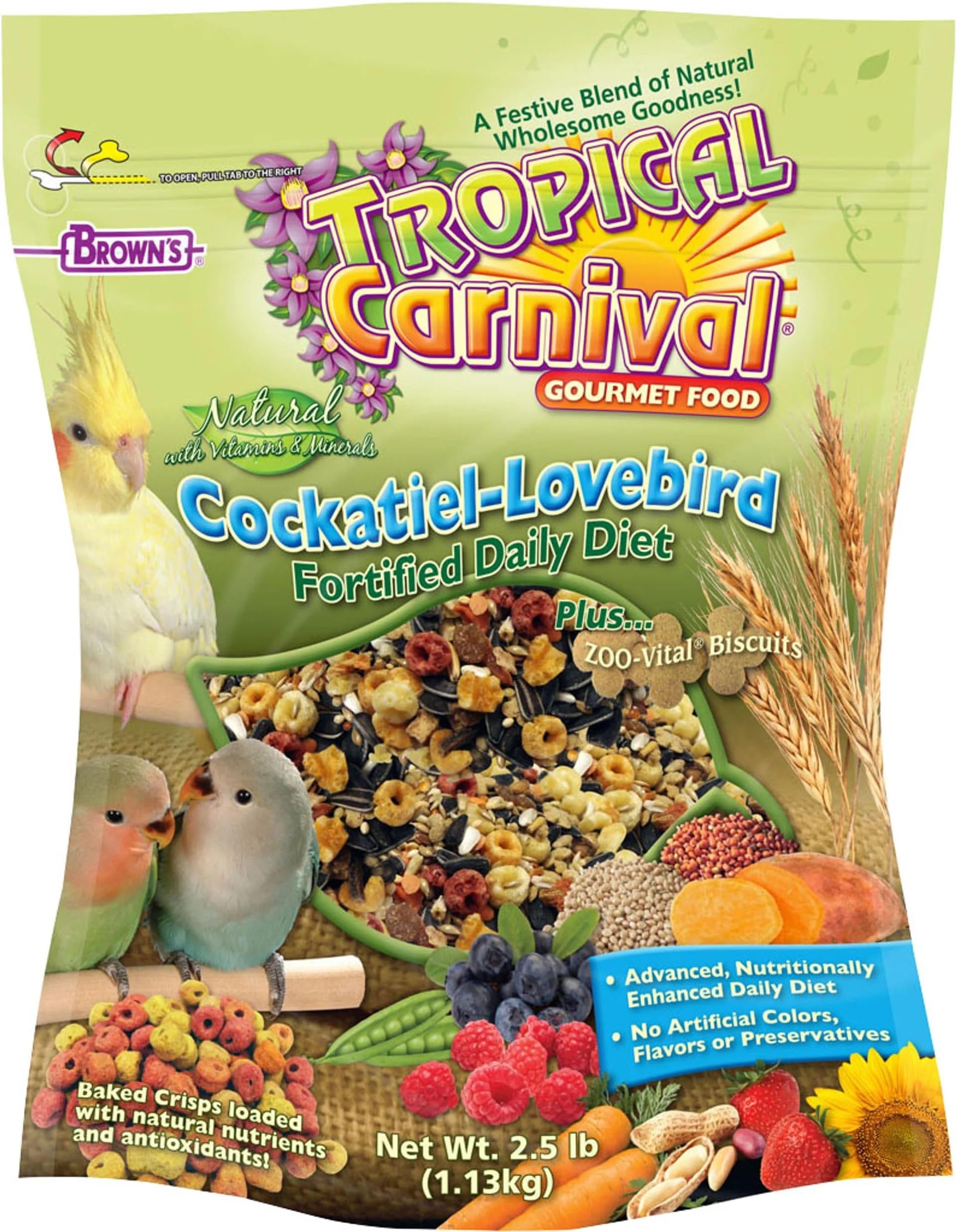 F.M. Brown's Tropical Carnival Natural Cockatiel-Lovebird Food, 2.5-lb Bag - Vitamin-Nutrient Fortified Daily Diet with Natural Preservatives and NO Artificial Flavors or Colors