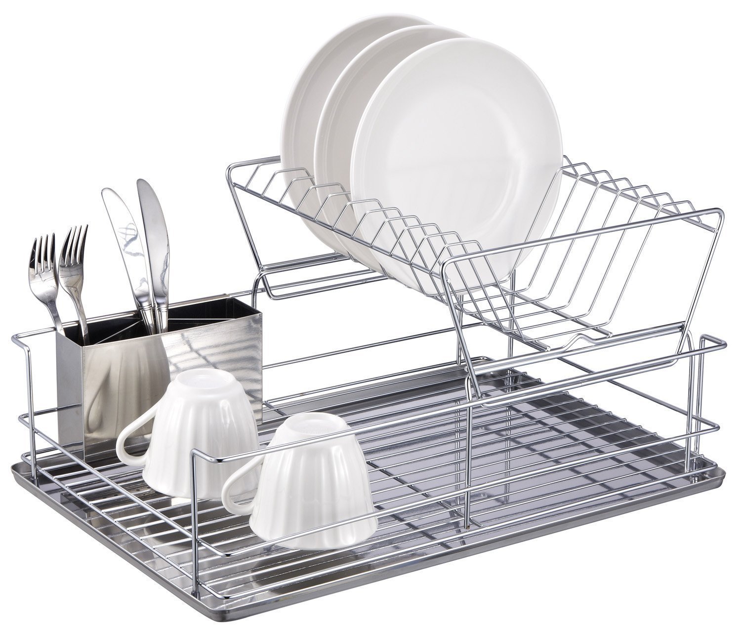 2 Tier Dish Drainer Dish Rack with Removable Utensil Cup for Kitchen Counter, Stainless Steel