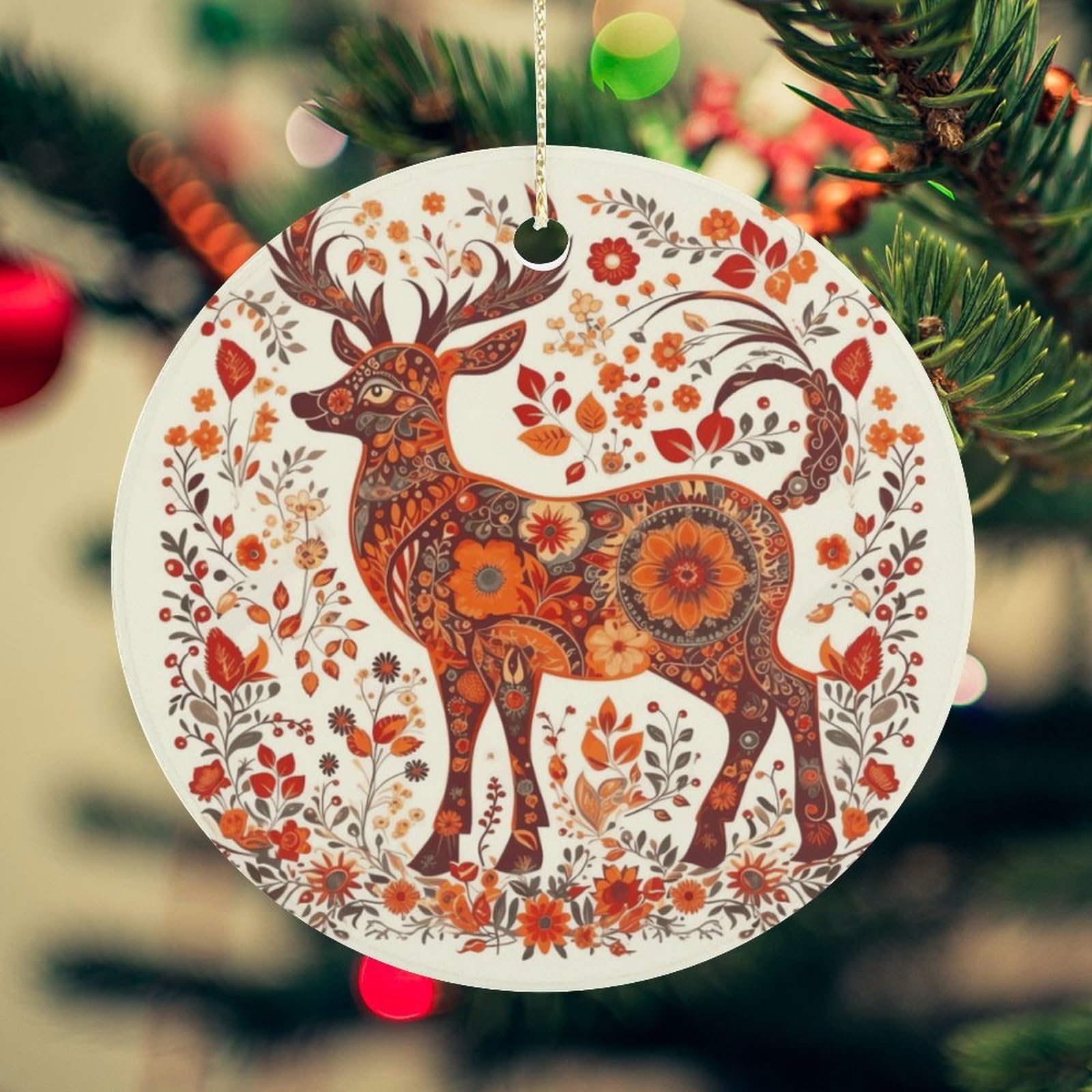 Red and Orange Deer Christmas Ornament for Christmas Tree Ceramic Round Ornament Winter Holiday Keepsake Gift 2.7" Christmas Tree Hanging Decorations Circle Ceramic Pendant Xmas Gift