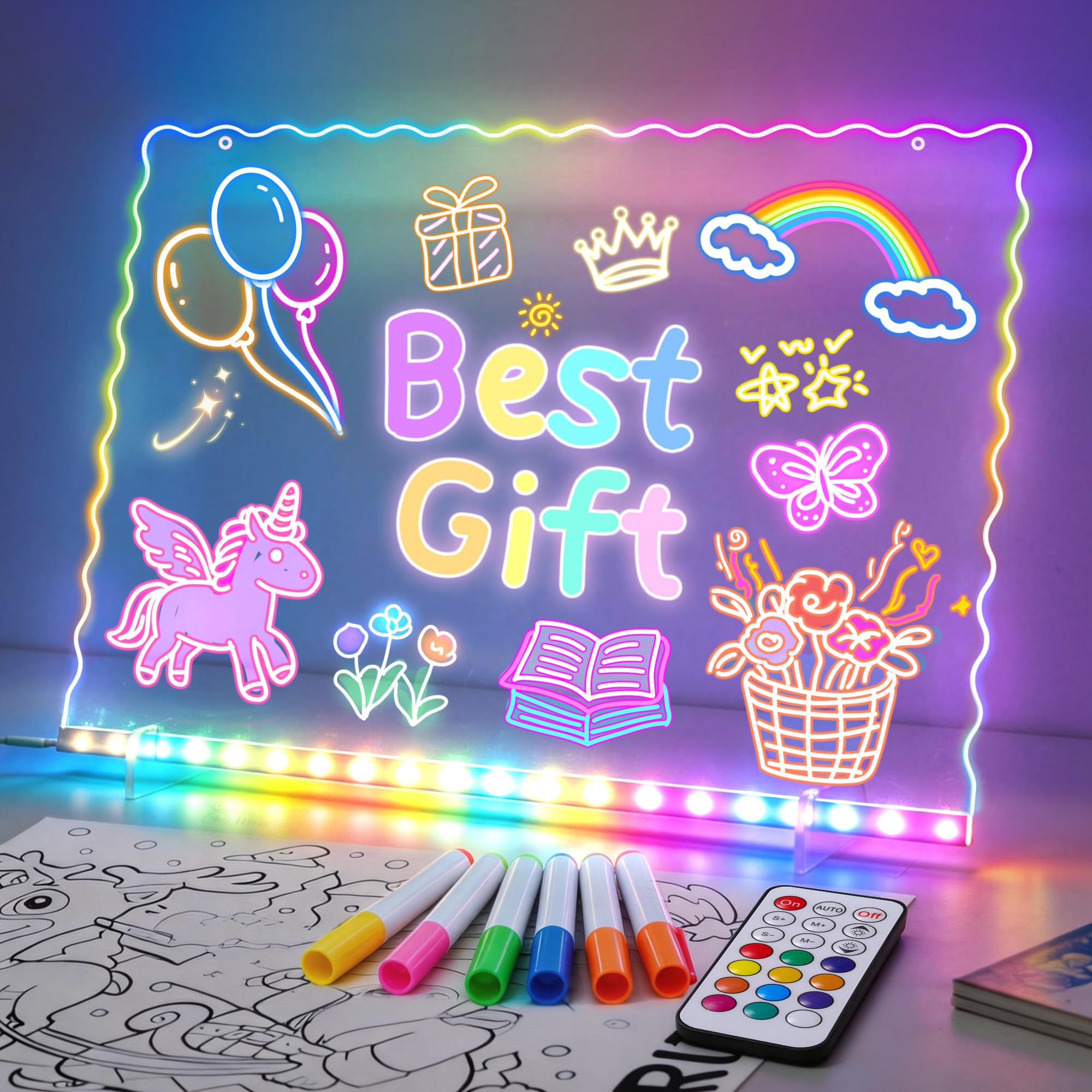 Ammonite LED Zeichenbrett, Leuchtendes Zeichenbrett für Kinder mit Fernbedienung, 35x25cm Abwischbare Acryl Schreibtafel Kinder, Dimmbares und mehrere Farben, für Maltafel,Memo,Werbung, Wanddekoration