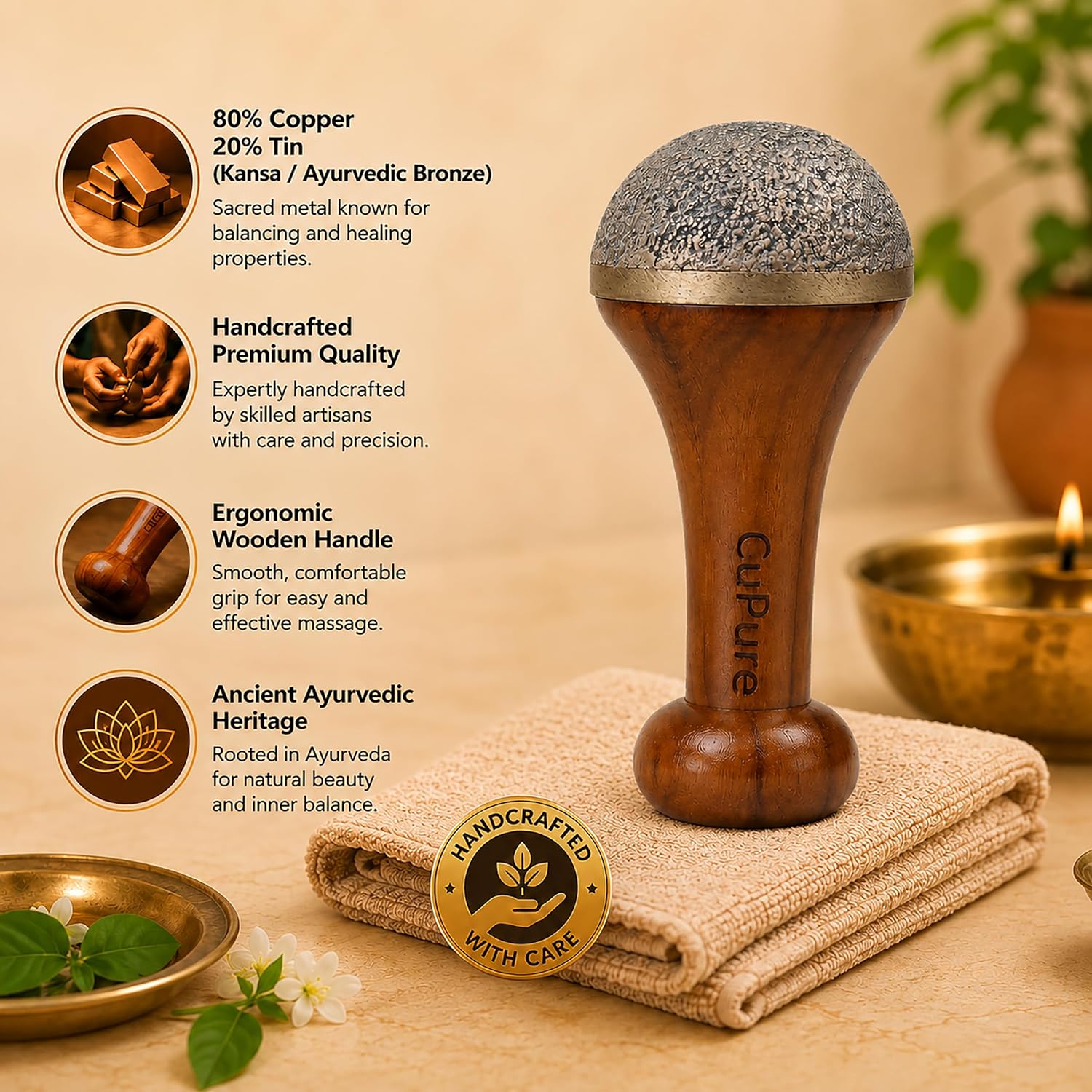 Kansa Wand Foot Massager – Solid Bronze Vatki for Ayurvedic Foot Massage & Relaxation, Handmade Teak Handle, Uncoated Bell Metal, Traditional Wellness Gift (Single Big Bowl)