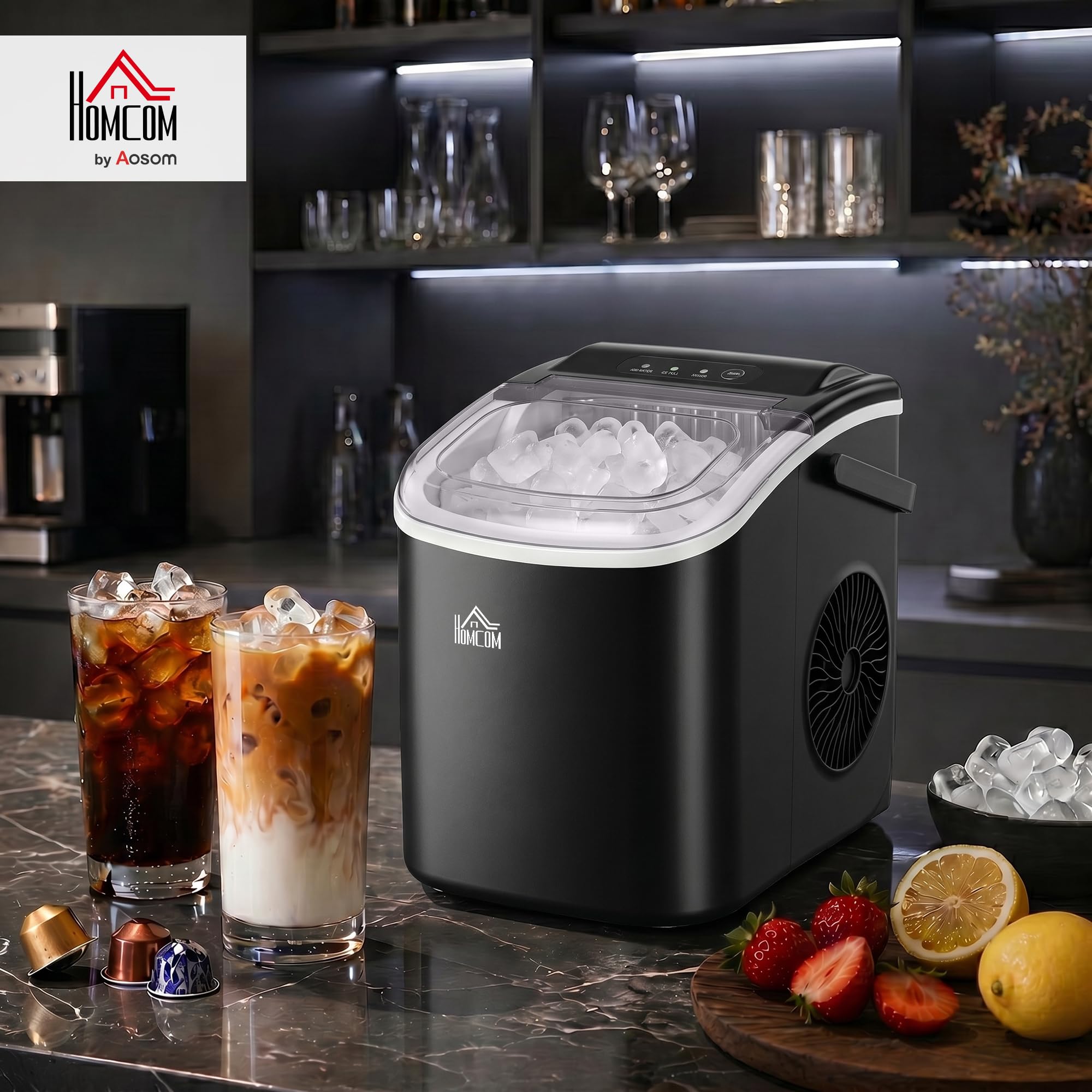 HOMCOM Macchina del Ghiaccio 12kg/24h, 9 Cubetti in 6-12 Minuti in PP e Rame con Cestello e Paletta, 23.8x30.5x29 cm, Nero