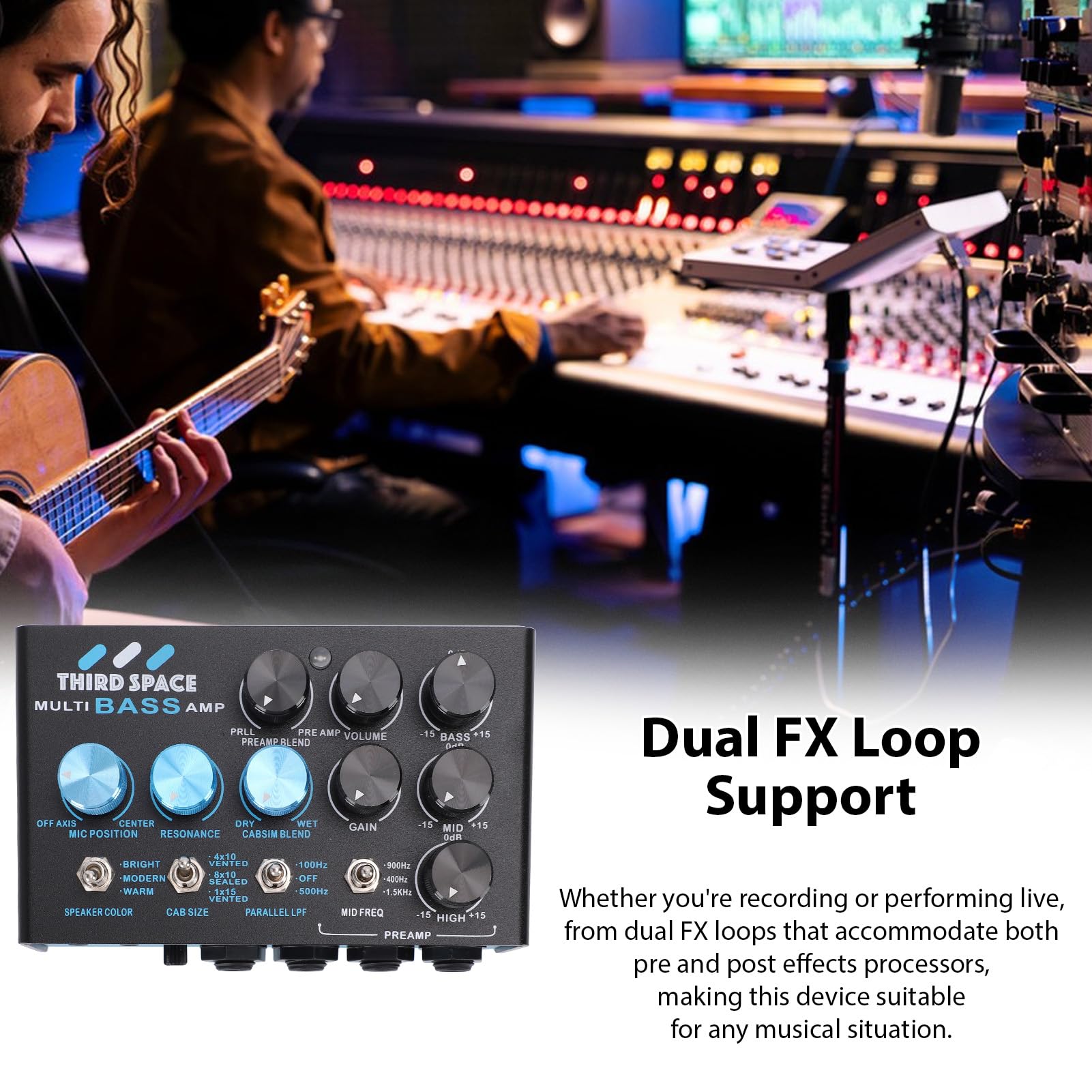Fockety Pedale Effetti per Basso, Preamplificatore Professionale con Controllo Medio Semi Parametrico EQ a 3 Bande, Catena di Segnali Parallela, Simulatore di Cabina per Basso, Doppi