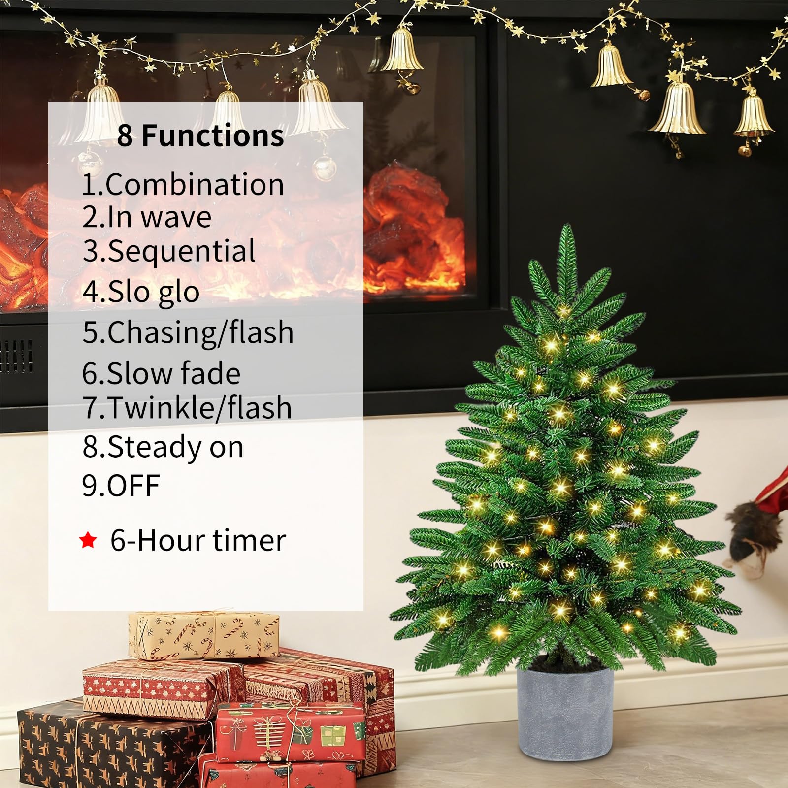 Albero di Natale artificiale da 60 cm con luci a LED, piccolo albero di Natale da tavolo con ornamenti pendenti, decorazioni natalizie