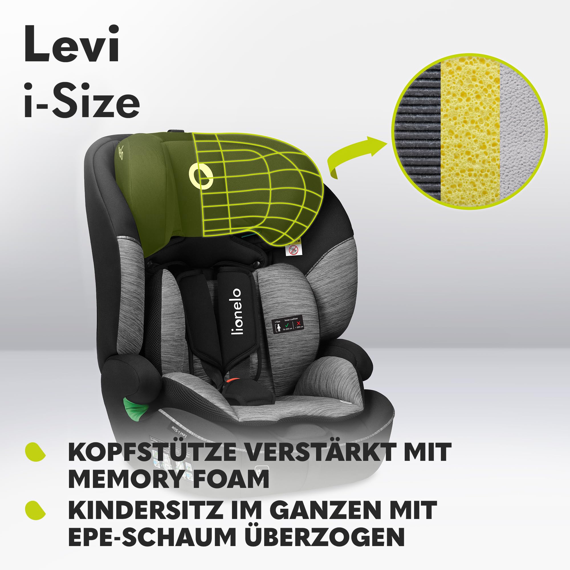 Lionelo Levi i-Size Kinderautositz Gruppe 1/2/3 9-36 kg i-Size R129/03 5-Punkt-Gurt Memory-Schaum Kopfstütze