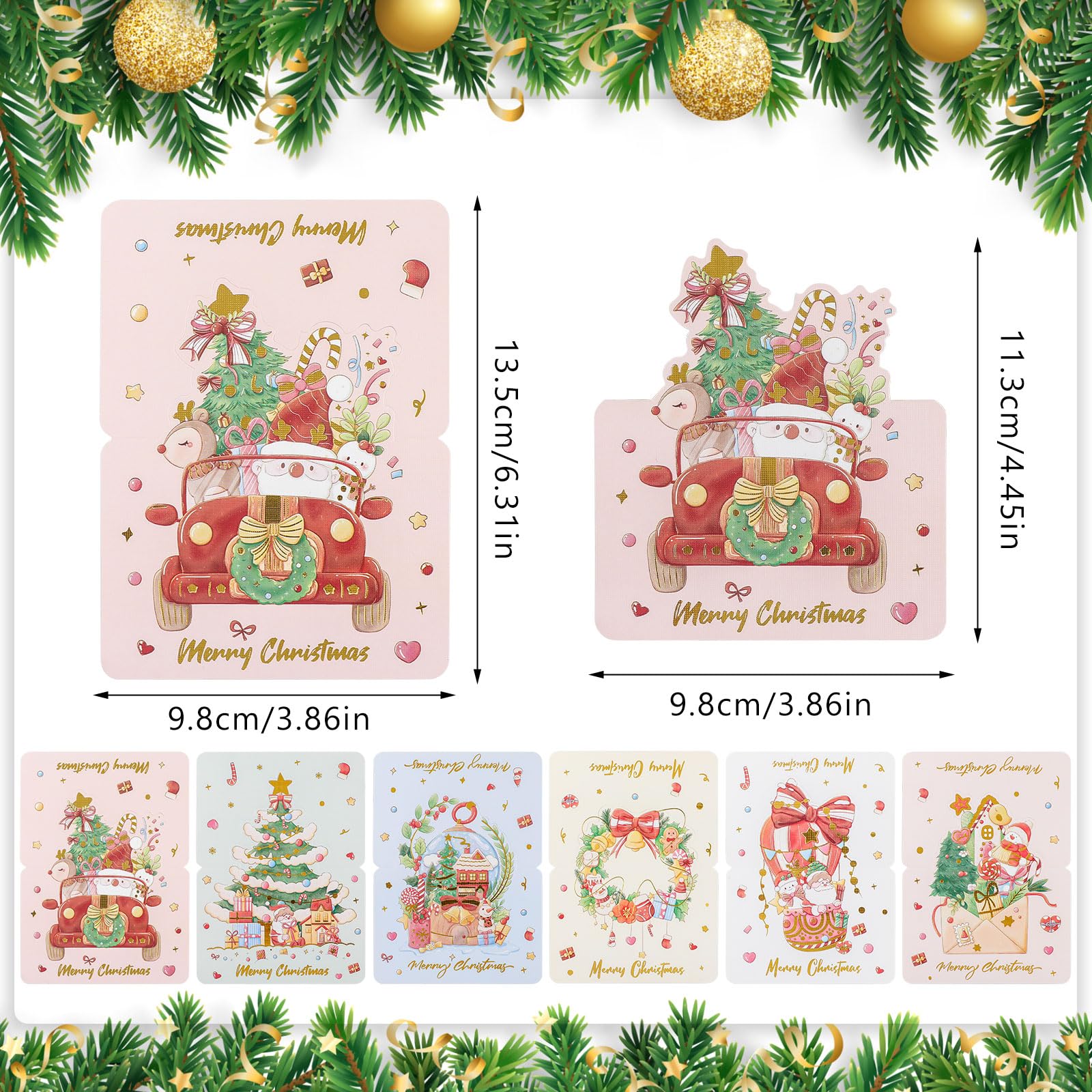 Cartes Joyeux Noel Dorée 6 Motifs Carte Postale Pliées 12PCS Cadeaux de Noël