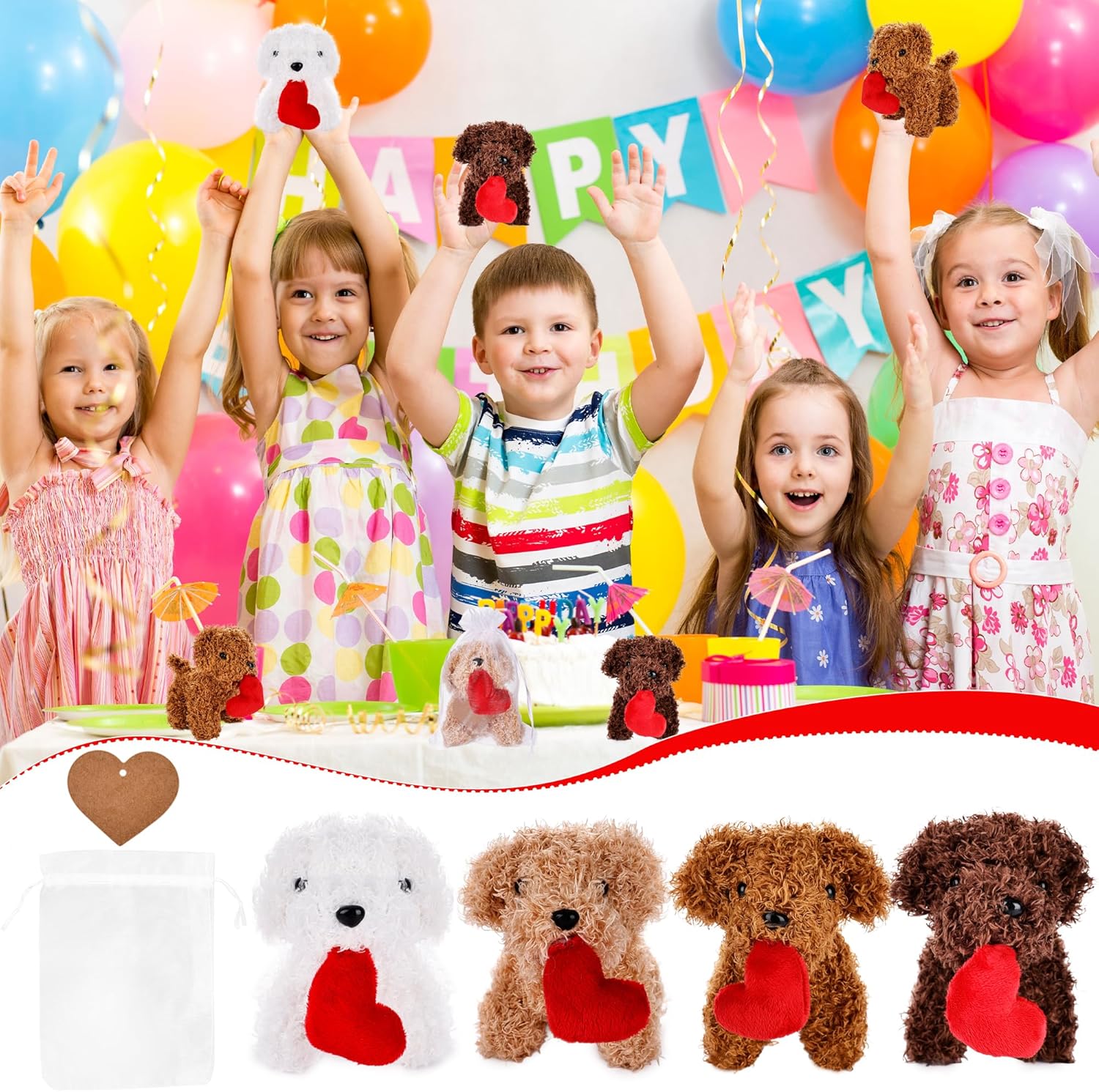 16 Pcs Valentine Mini Plush Dogs 5.5 inches Puppy Dog with Filled Heart Dogs Stuffed Animal Keychain 16 Gift Bags 16 Cards and 5m Rope for Valentine's Day Party Favors Birthday Gifts, 4 Colors