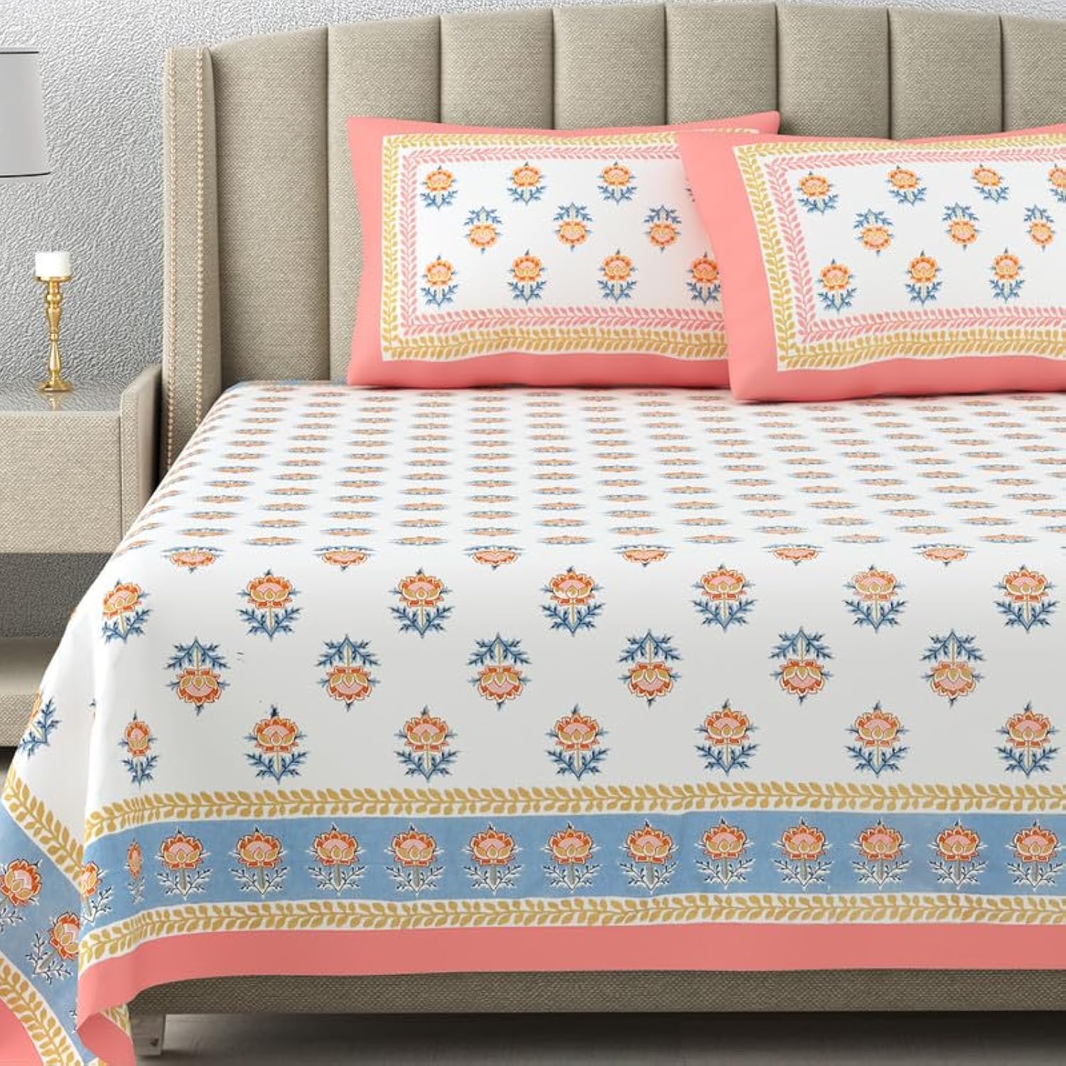DE CAMA Since 1997 | 100% Cotton 300 TC Premium King Size Bedsheet for Double Bed (90 x 108 Inch) with 2 Pillow Covers Set (17 x 27 Inch) Hand Block Printed Bedsheet Set - Peach (B0D17JG7FD) Amazon Price History, Amazon Price Tracker
