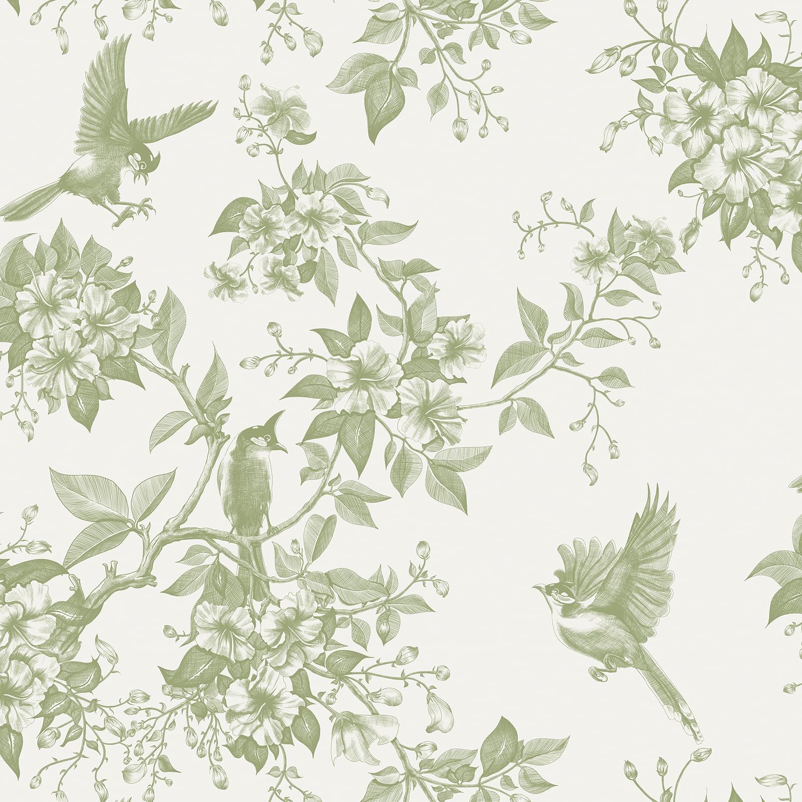 Yomshi Peel and Stick Wallpaper Green Vintage Floral Wallpaper 44 x 300 cm Birds and Flowers Vinyl Wrap Waterproof Removable Self Adhesive Contact Paper for Table Living Room Bedroom Bathroom