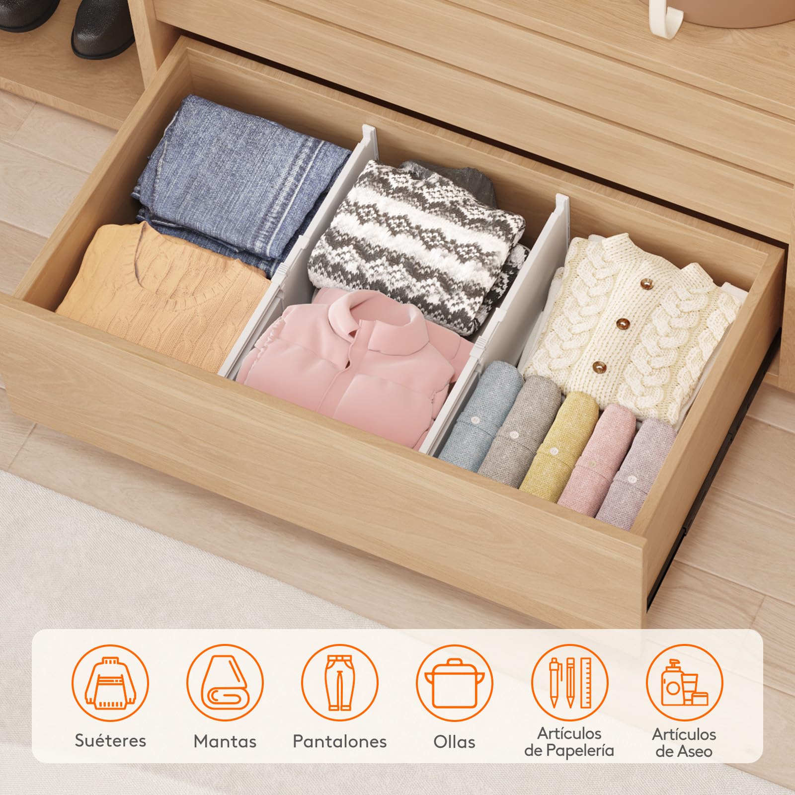 Lifewit Separadores de Cajones para Altura 20.5 cm, Ancho 35-55cm Divisores Ajustables para Armarios de Ropa, Organizador Plastico para Vestidores, Cocina, Baño, Tocadores y Escritorios, Juego de 8