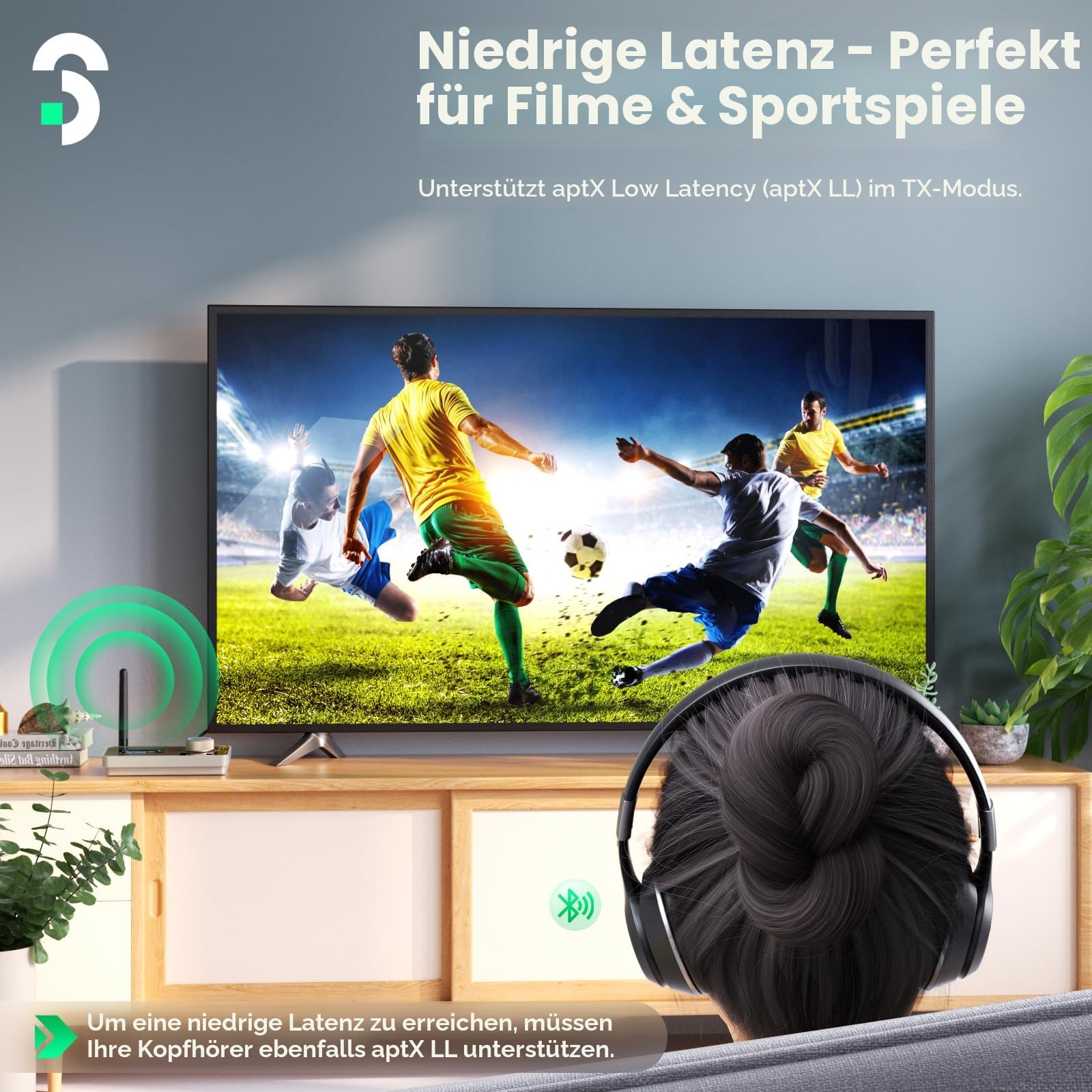 SOOMFON aptX LL & HD Bluetooth 5.2 Sender Empfänger, 3-in-1 HiFi Bluetooth Adapter Transmitter Receiver für TV, Stereoanlage & Kopfhörer, Lautstärke Regeln, Duale Verbindung, Aux/Optisch/RCA