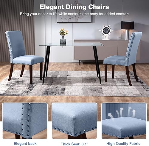 Miniatura 8 de Nopurs Juego de 4 sillas de comedor de tela para cocina y comedor con ribete tapizado de cabeza de clavo patas de madera negra y sillas de respaldo