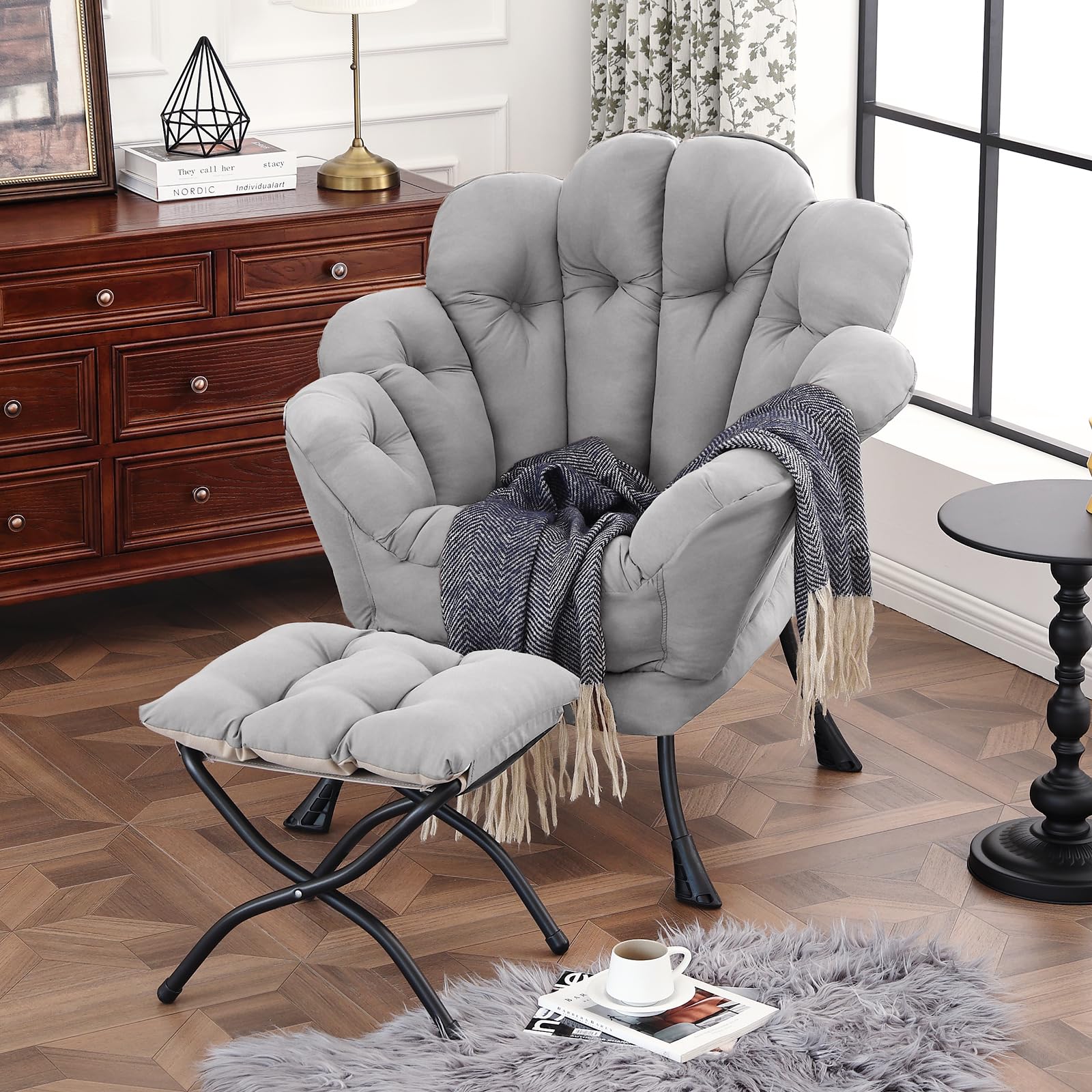 Furlide Lazy Chair with Ottoman, Modern Floral Reading Chair with Folding Footrest, Light Grey Lounge Accent Chairs, Comfortable Oversized Armchairs