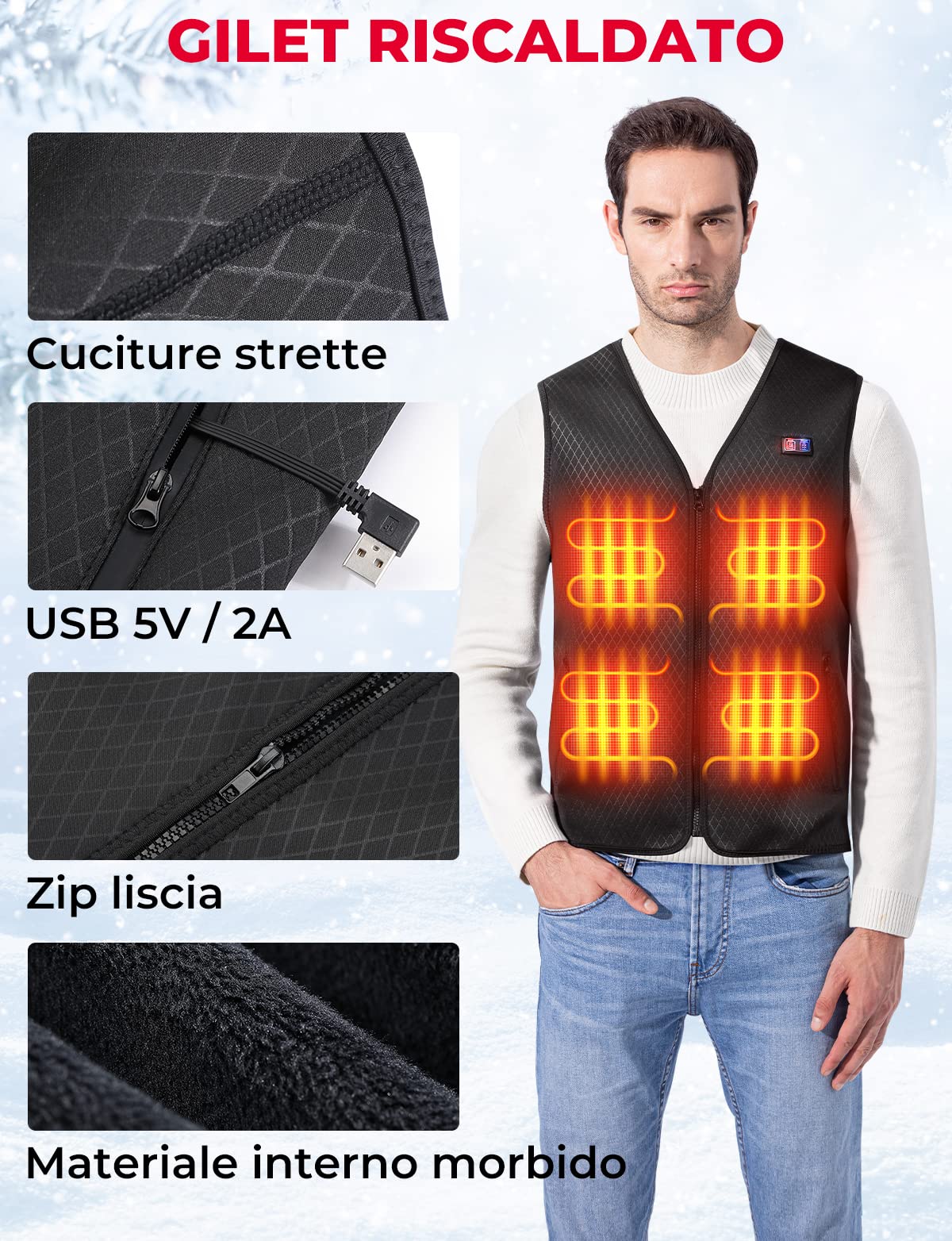 KEMIMOTO Gilet Riscaldato per Uomo Donna, Elettrico Gilet Riscaldato con USB, Giubbotti Riscaldati a Batteria Doppi Controlle per all’aperto Lavoro Sci Escursionismo Caccia Moto
