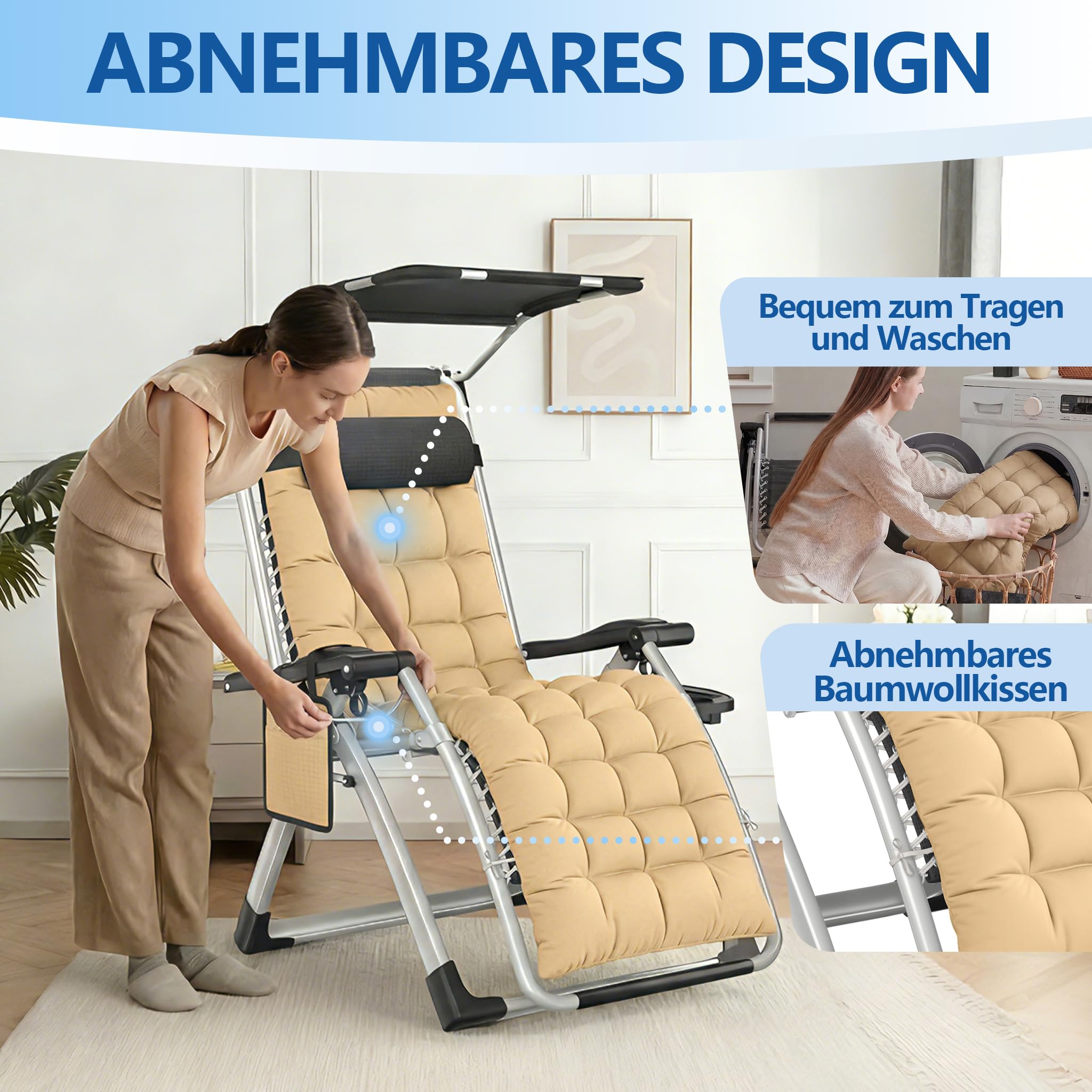 LZQ Sonnenliege klappbar mit Dach Gartenliege mit Kissen & Getränkehalter, ergonomischer Liegestuhl mit verstellbare Rückenlehne, Belastbar 160 kg, Outdoor Relaxliege für Garten Terrasse, Beige