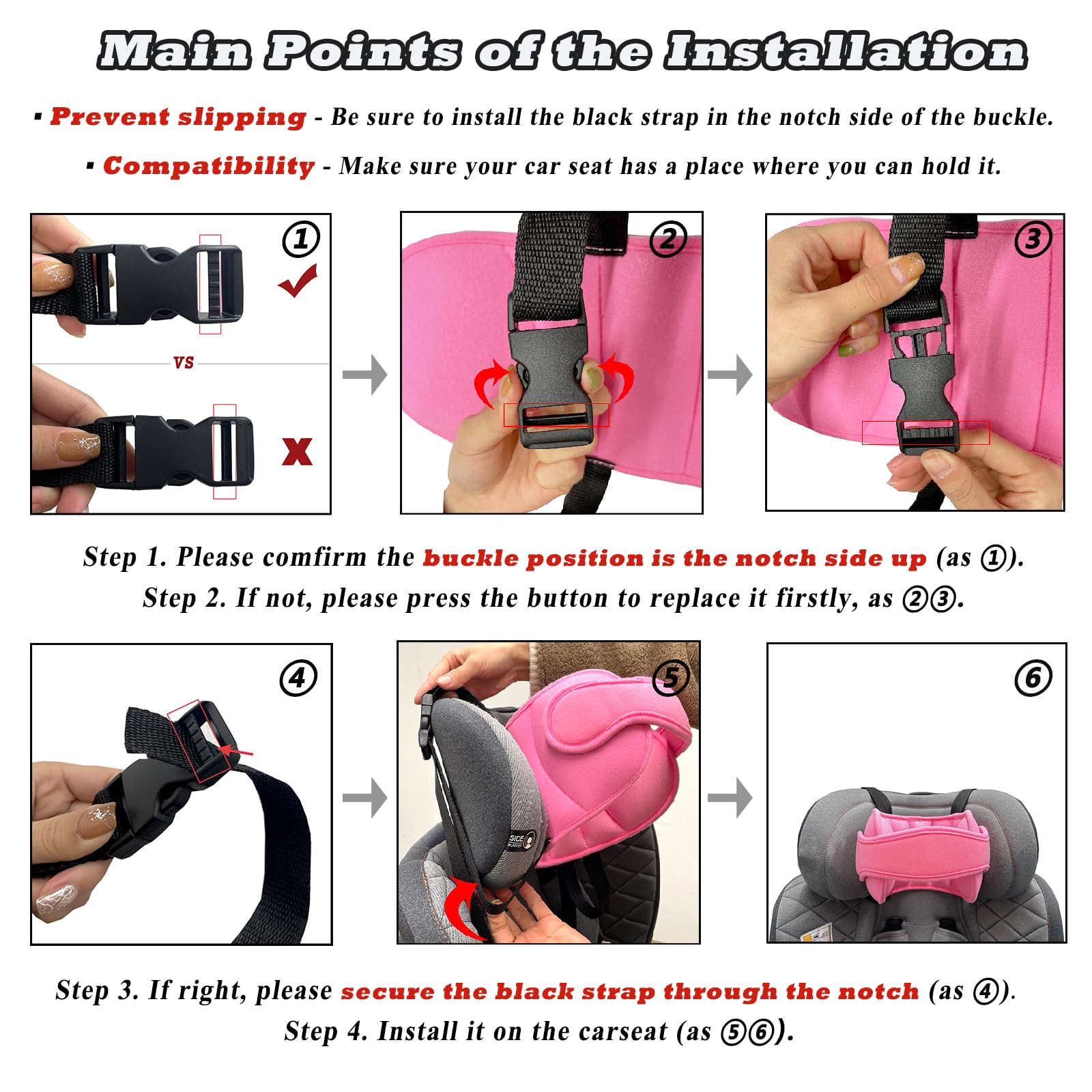 Support de tête de siège auto pour enfant – Bande de soutien de la tête pour les tout-petits, les bébés, les voyages, aide à la sieste – Rose