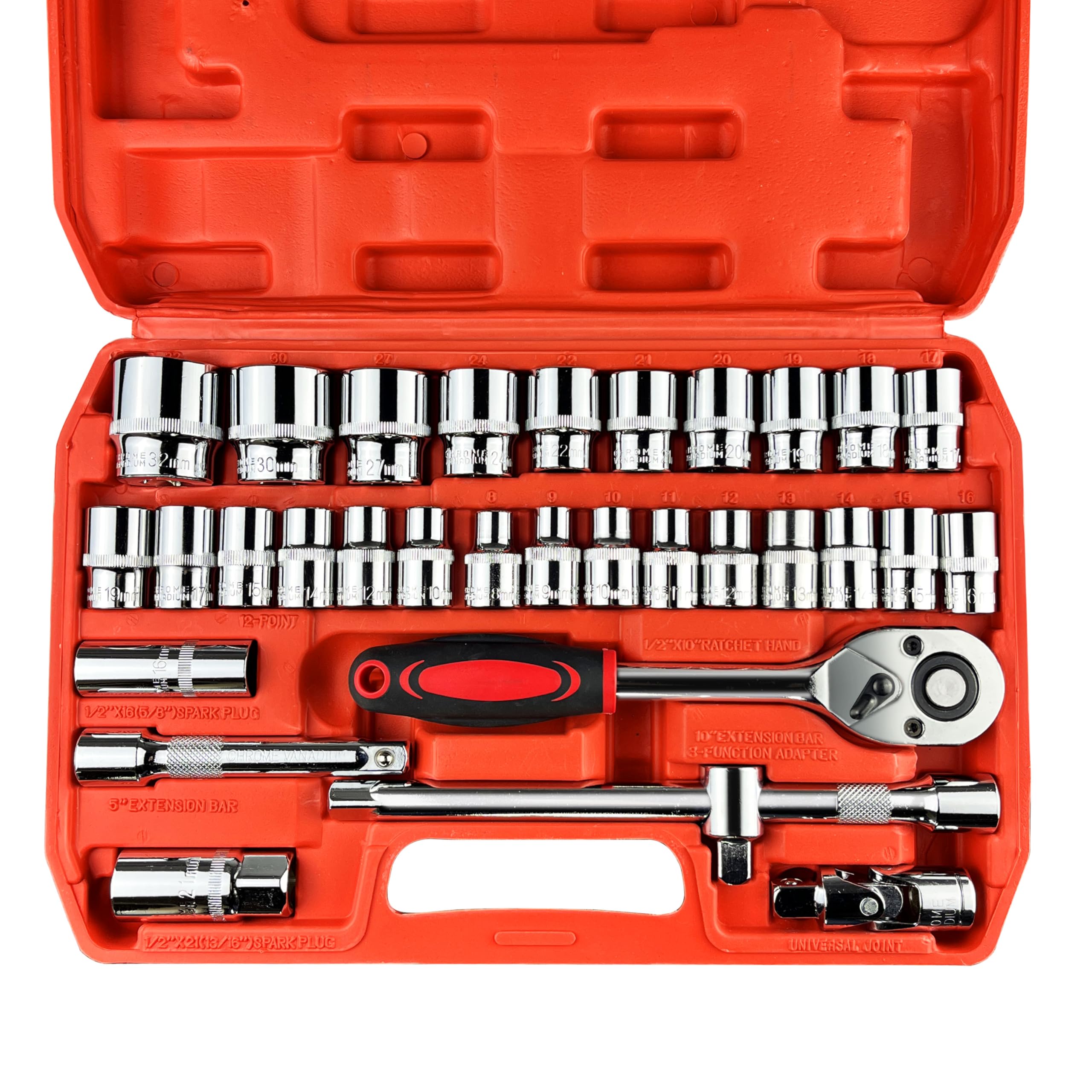 EACELIY 32pcs 1/2" Drive Impact Socket Set,Metric, Deep with 3/8"F to 1/2"M Universal Joint,Extension bar (5” & 10”),Ratchet Wrench,Spark Plug Socket,