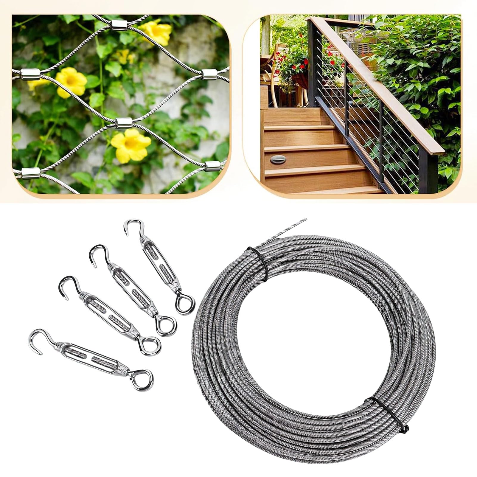 64-teiliges Edelstahl-Drahtseil-Set, 35 M, Zur Pflanzenunterstützung | PVC-beschichtetes Stahlkabel, 3 Mm (0,12 Zoll) Durchmesser, Spannschlösser-Clips Im Lieferumfang Enthalten, Lichterkette