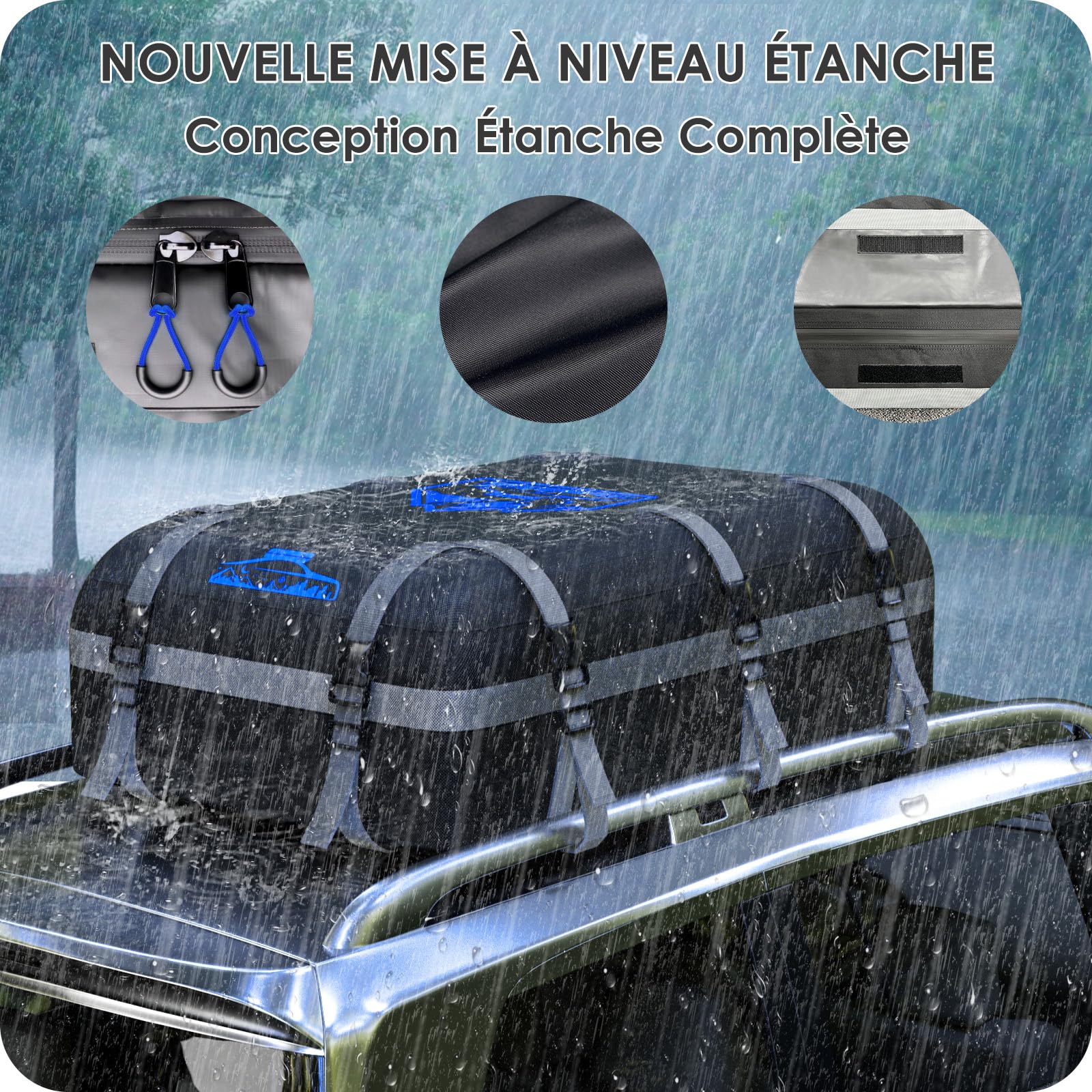 Coffre de Toit Voiture 20CFT/566L, Coffre de Toit Voiture étanche 1000D Oxford, Coffre de Toit Avec Tapis Antidérapant et 10 Sangles D'arrimage, Coffre de Toit Plegable con/sin Bacas