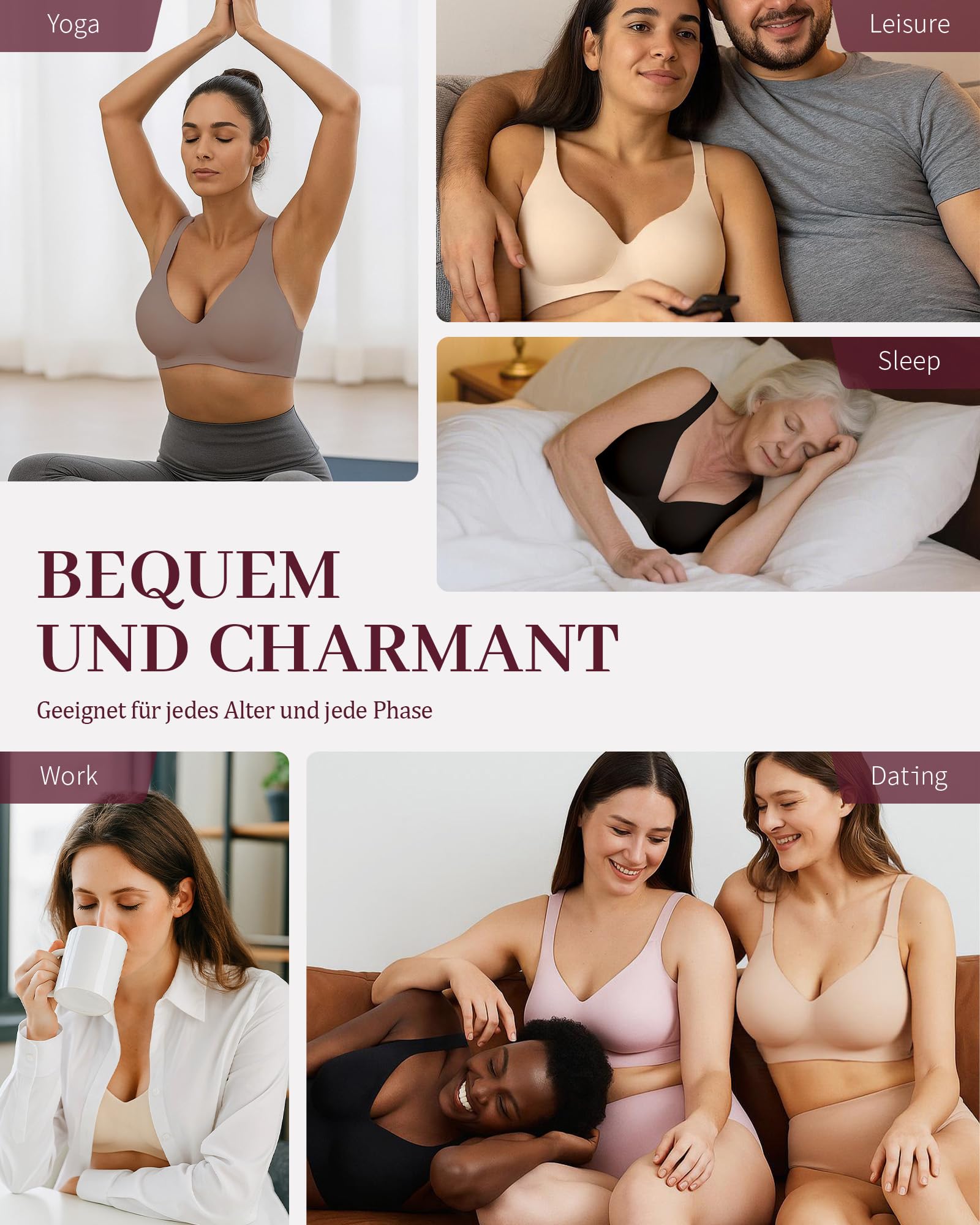Vinfact V Collo Reggiseno Senza Ferretto Super Morbido e Traspirante Reggiseno Reggiseni Donna per Dormire Imbottito Senza Cuciture Alto Sostegno T-Shirt Bralette con Estensione Reggiseno