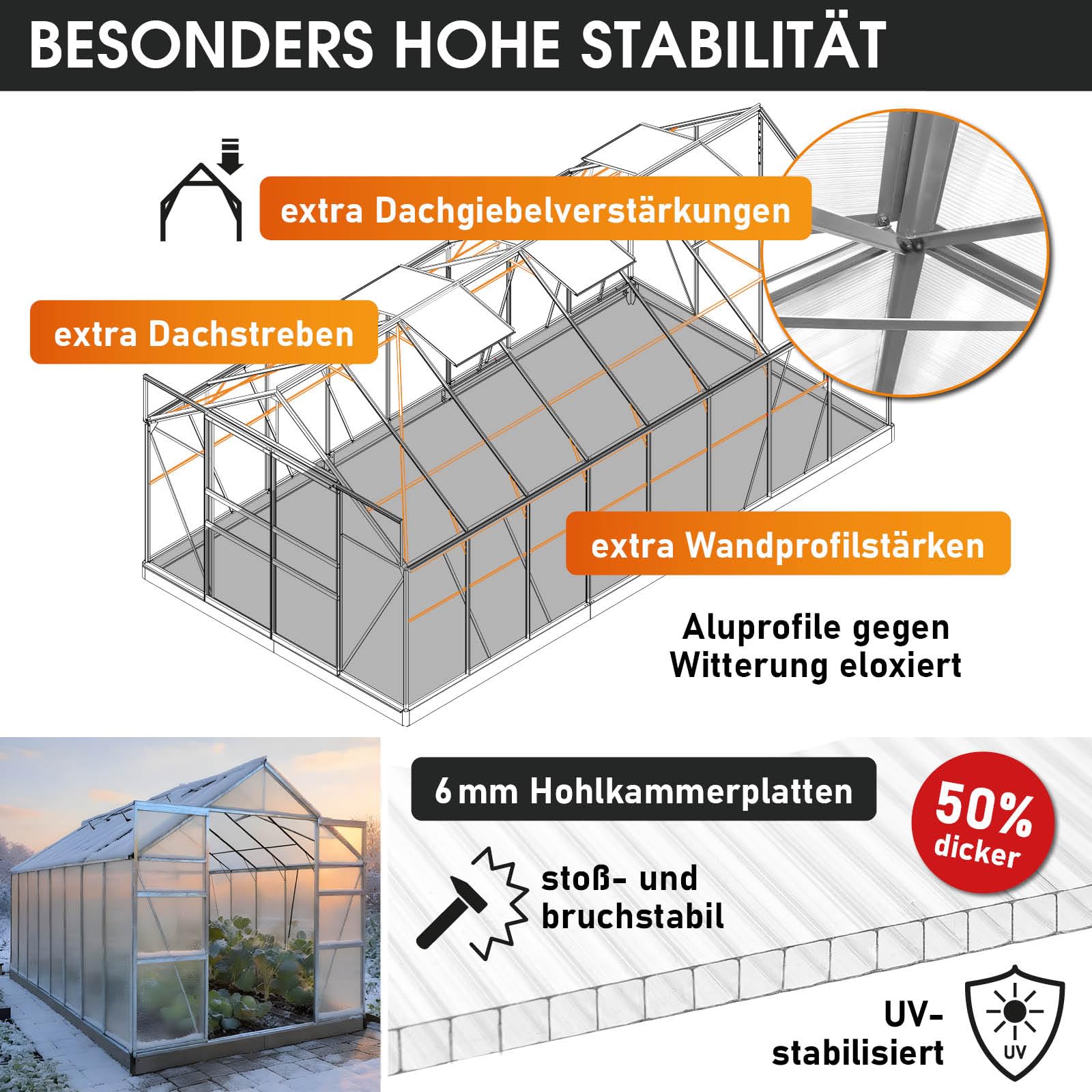 BRAST Gewächshaus Aluminium mit Fundament | 42 Modelle | 130x190x195cm - 490x250x235cm | TÜV geprüft | 6mm Hohlkammerplatten | rostfrei wetterfest temperaturbeständig | 490x250x235cm Silber