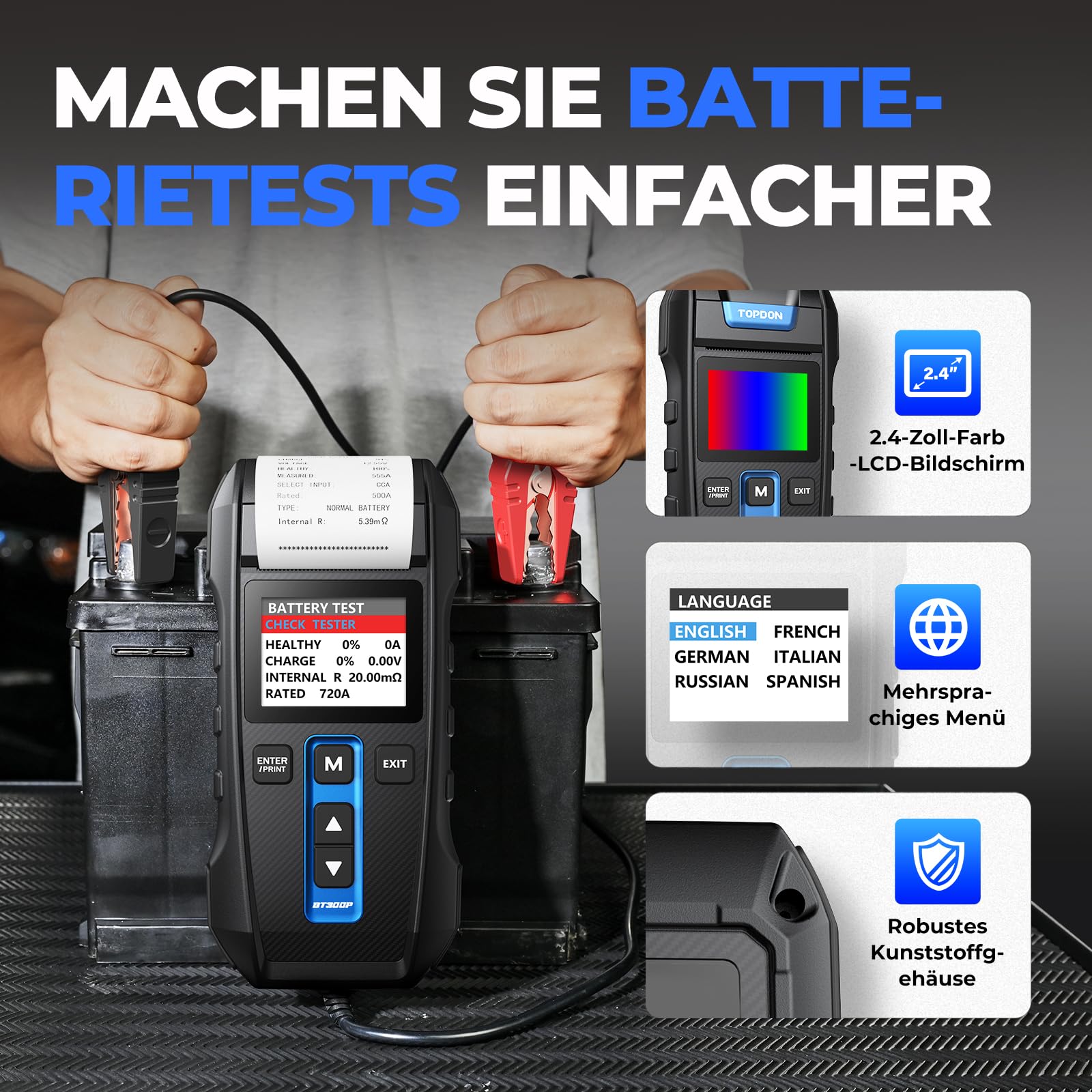 12V 24V Batterietester kfz mit Drucker-TOPDON BT300P, 100-2000 CCA Automatischer Lasttester für Batterie-/Anlass-/Ladesystemtest, Autobatterietester für Auto Motorrad SUV LKW Boot