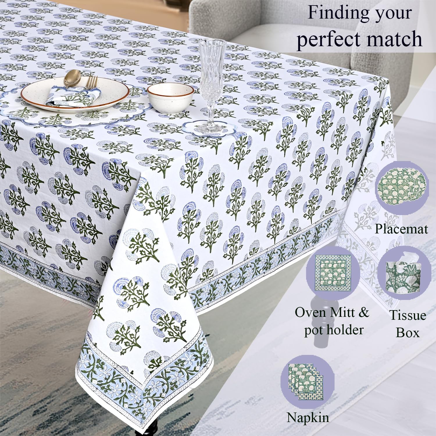 Ridhi Hand Block Print Mughal Buta Blue Square Cotton Tablecloth 60" x 60" Reusable Table Cover Decorative Everyday Use for Dining, Farmhouse, Home Gift for Spring, Easter, Valentine - Image 9