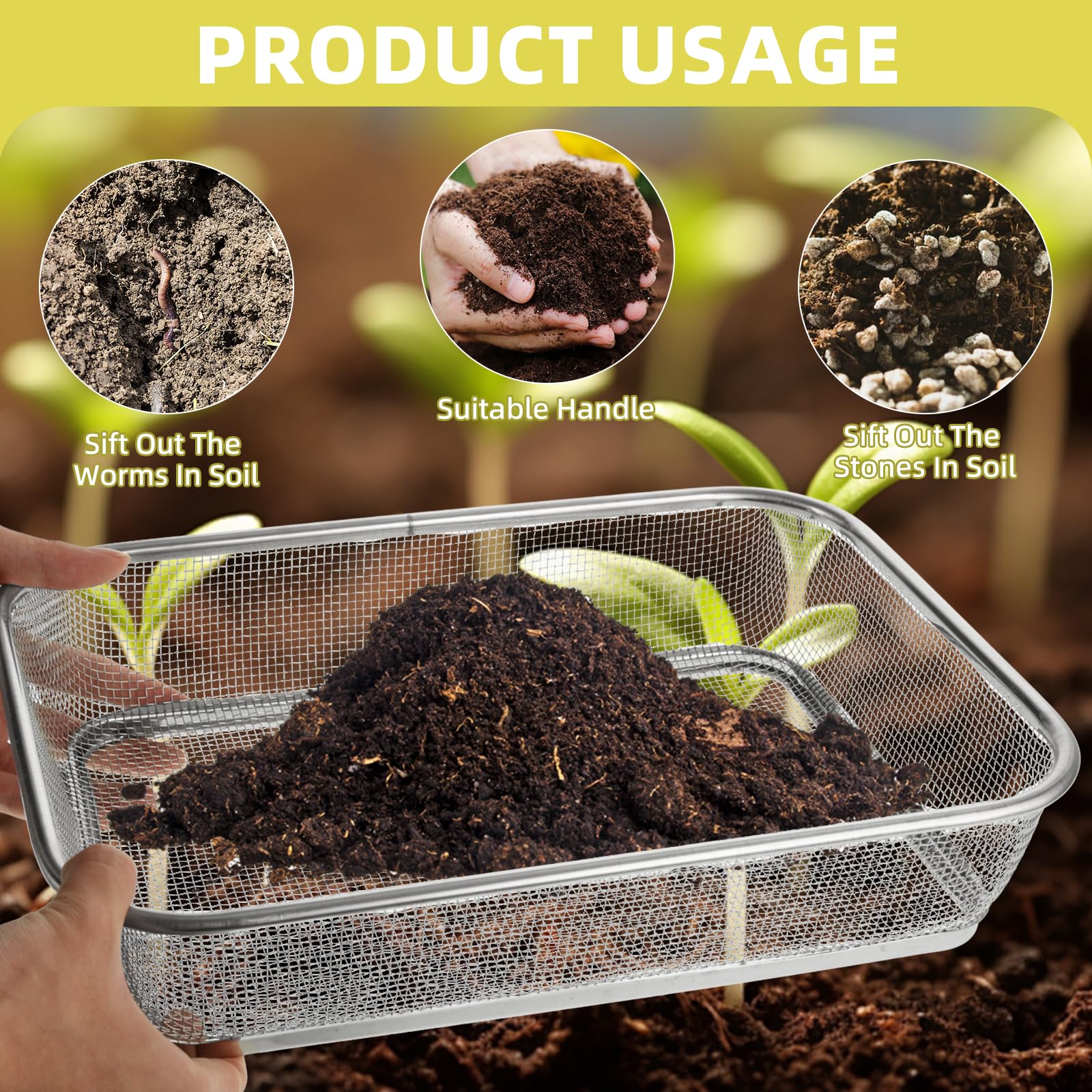 2 setacci per terreno per giardinaggio, grande setaccio per roccia in acciaio inossidabile, setaccio quadrato per compost, setaccio per sabbia e sporco, cattura rocce e segatura per giardino (apertura