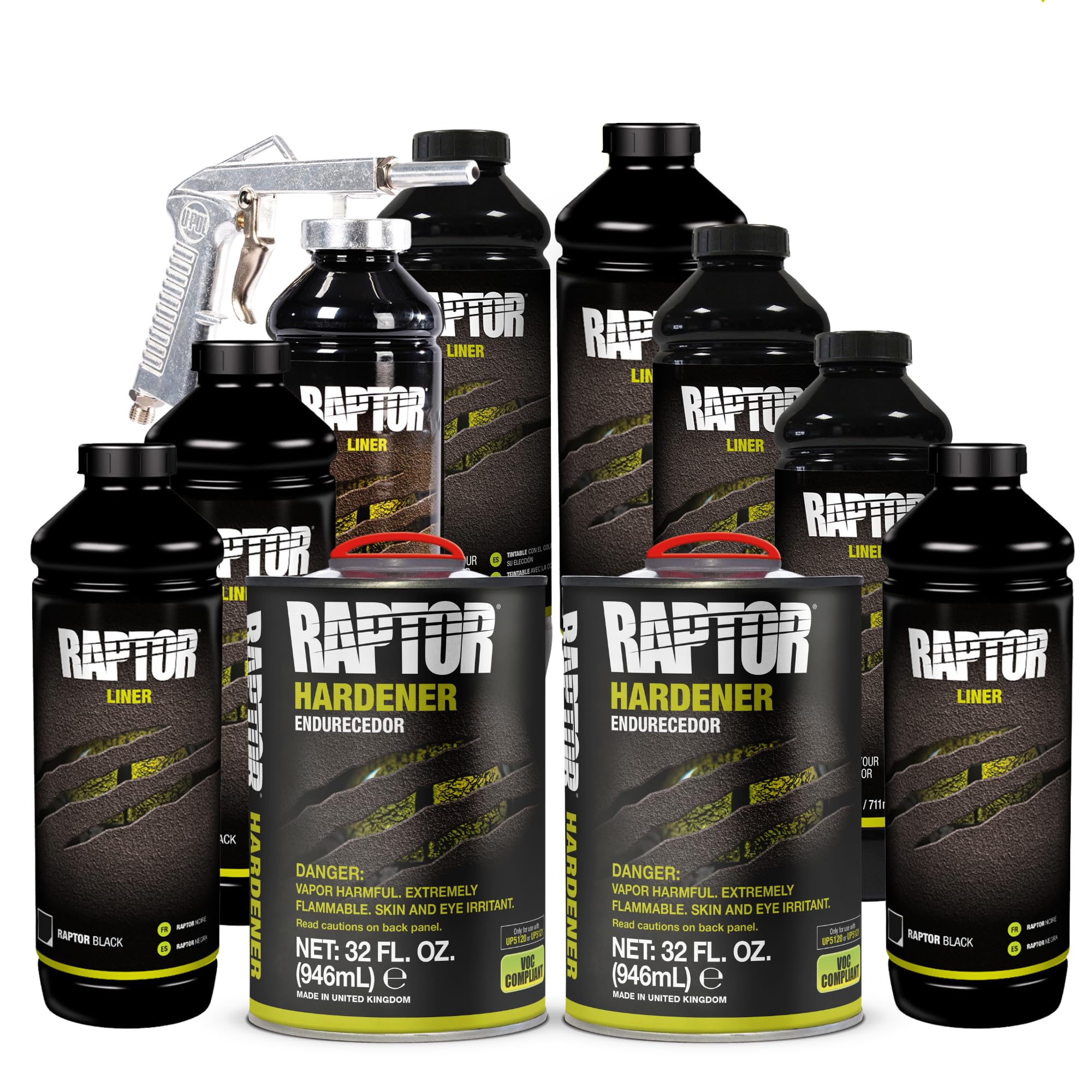 Raptor Black Urethane Spray-On Truck Bed Liner Kit, Protective Paint With Spray Gun, For Tailgates & Trucks, Vehicle Undercoating, 8 Quart Kit