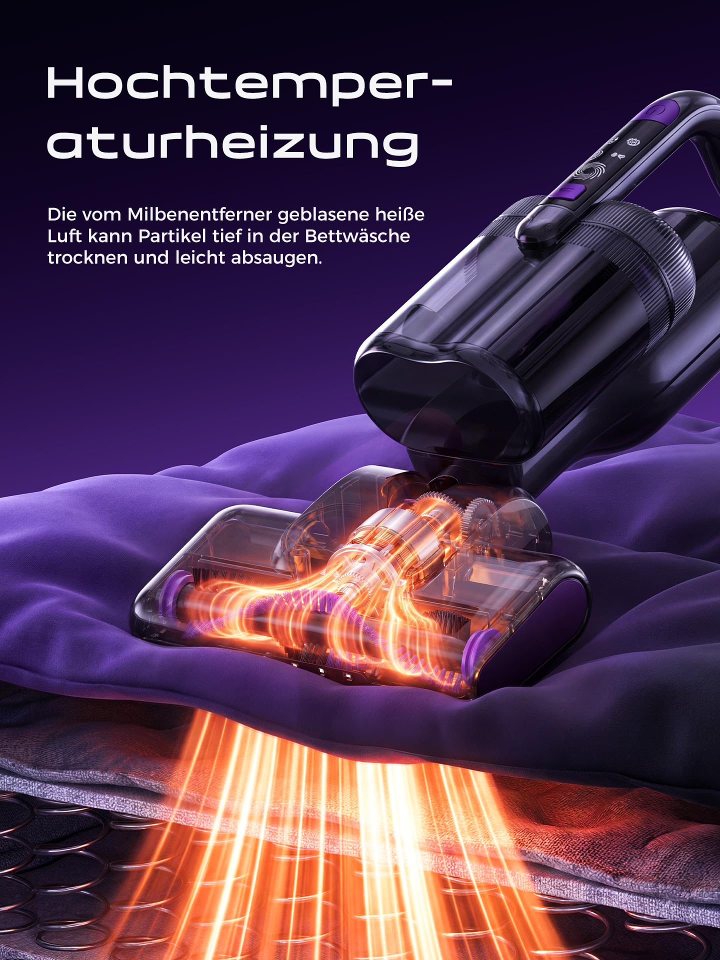 Milbensauger für Matratzen, Milbensauger mit UV-Licht & Heißluft, Matratzenreiniger mit HEPA Filter, Bürstenwalzenklopfen & Ultraschall Funktion, Für Matratzen/Sofas/Teppiche