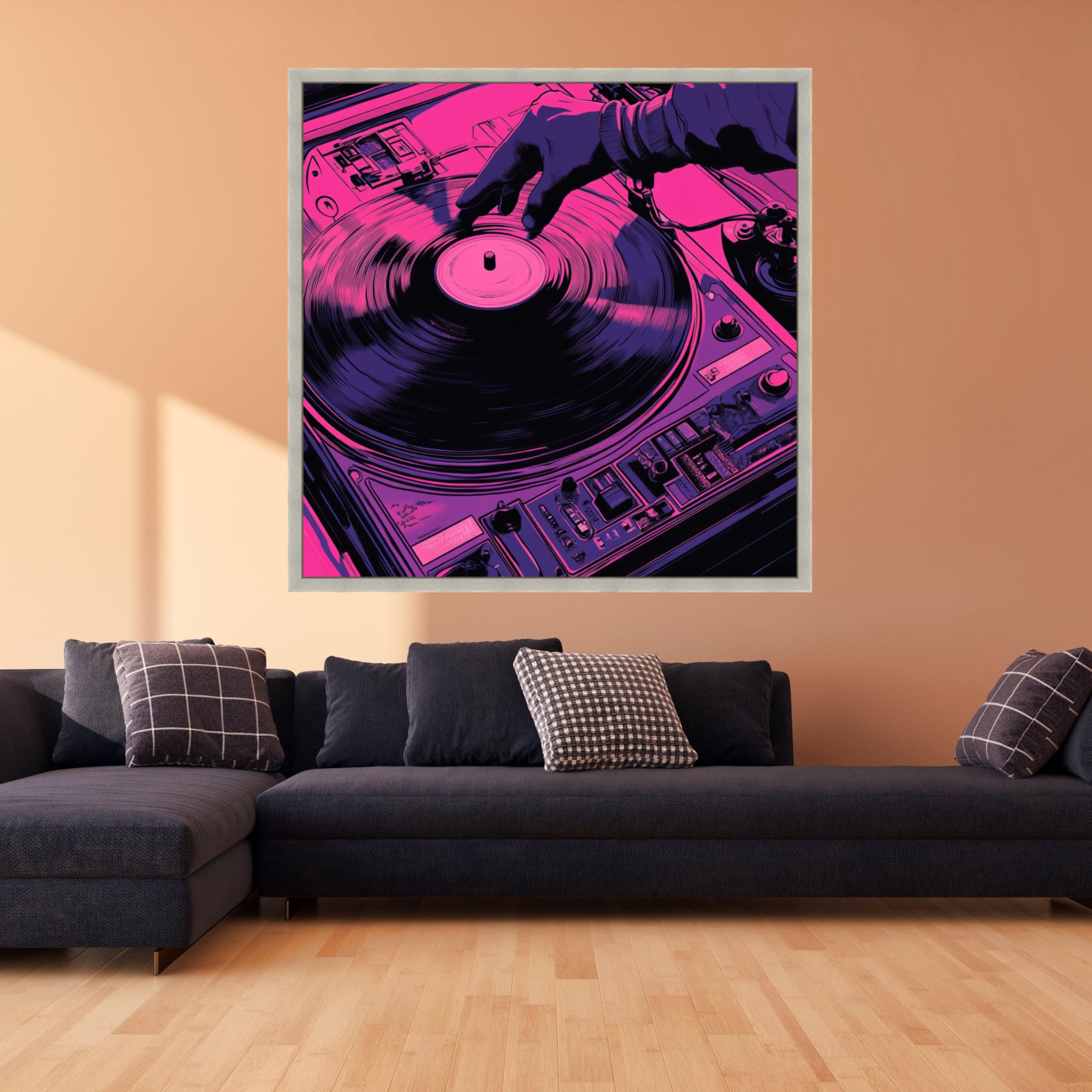 LMYCHENG Retro DJ płyta winylowa gramofon płótno, neonowa muzyka sztuka ścienna, dekoracja vintage, różowy i fioletowy obraz dźwiękowy, nowoczesny (55 x 55 cm / rama wewnętrzna)