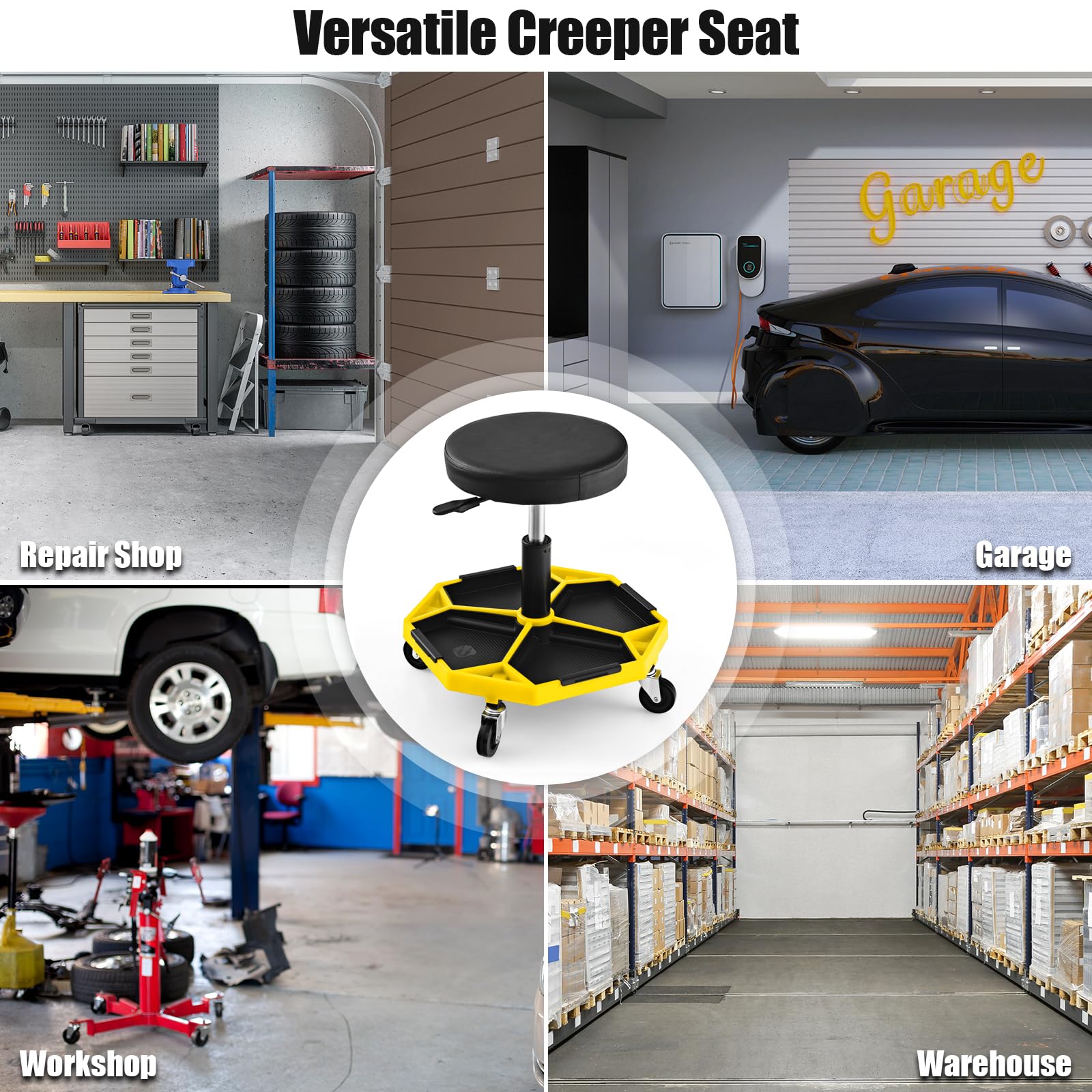 SOARS Sgabello rotelle, seduta ergonomica regolabile in altezza 41-55 cm, sgabello con vassoio magnetico rimovibile per riporre attrezzi, carico massimo 150 kg, per officina, garage (giallo)