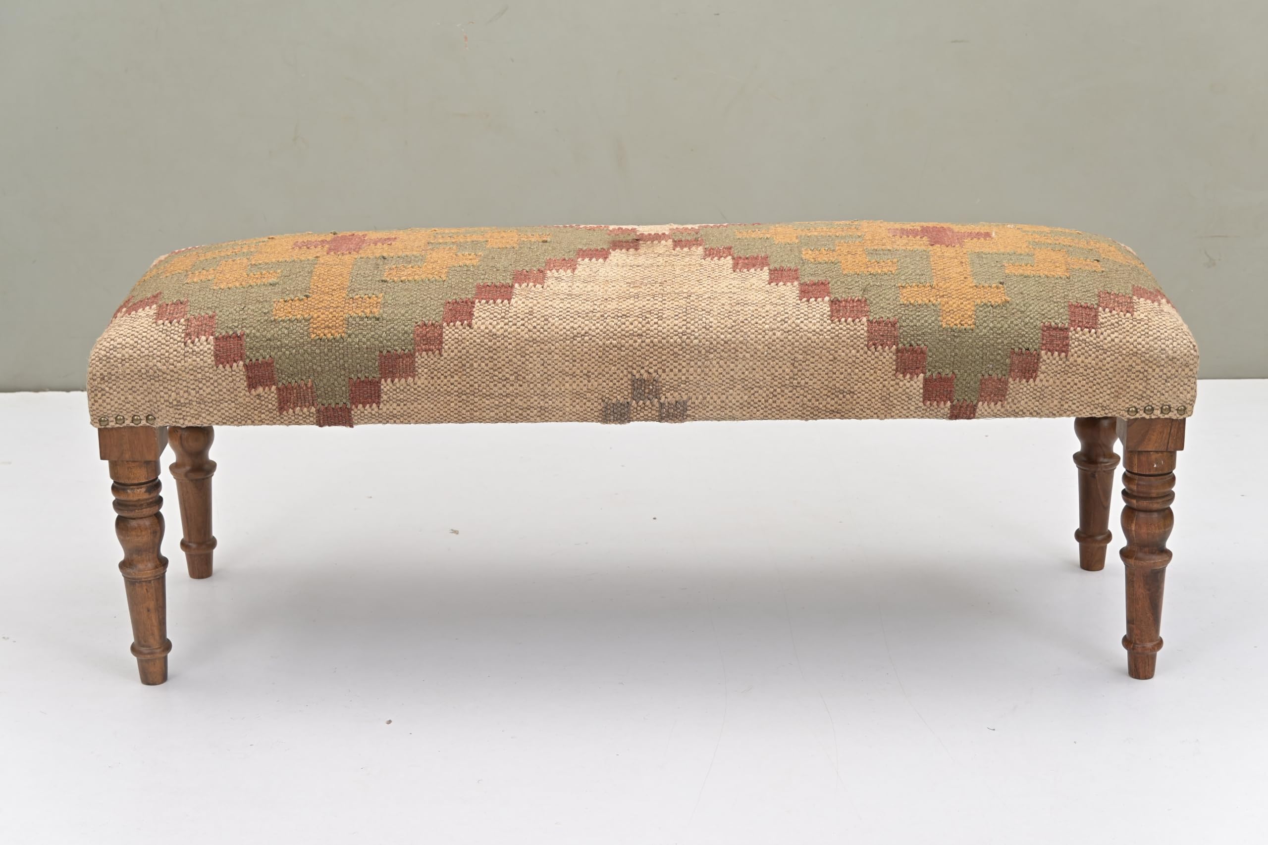 Acacia Wood Kilim Pattern Jute Fabric Decorative Upholstered Bench | Wooden Ottoman with Turned KD Legs for Living Room, Bedroom, End of Bed, Hallway & Entryway (Rustic)