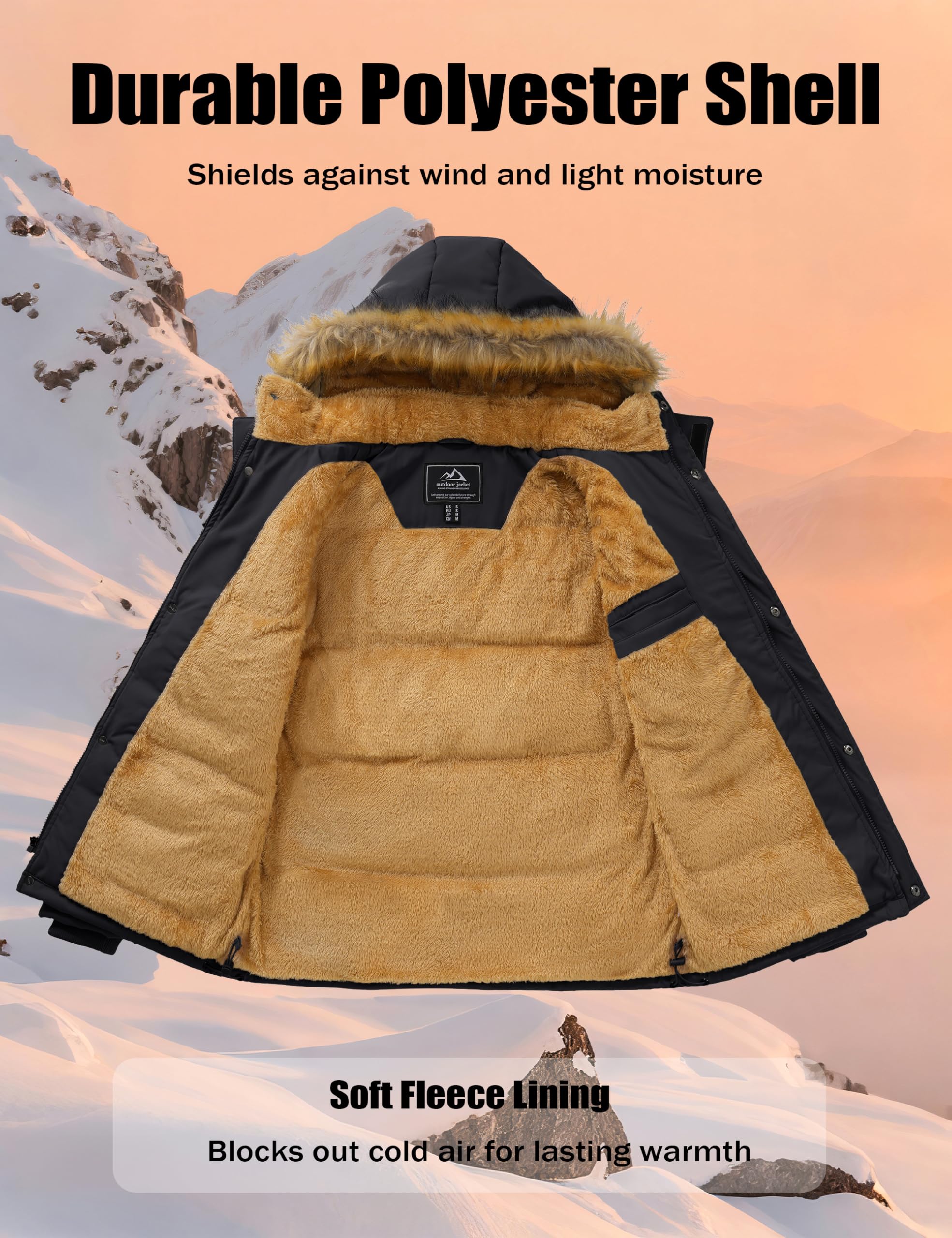 MAGCOMSEN Herren Winter Parka Jacke Winddicht Outdoor Warme Fleecejacke Freizeit Übergangsjacke Wasserabweisende Gefüttert Wanderjacke Verdickt Arbeits Jacken mit Abnehmbar Kapuze