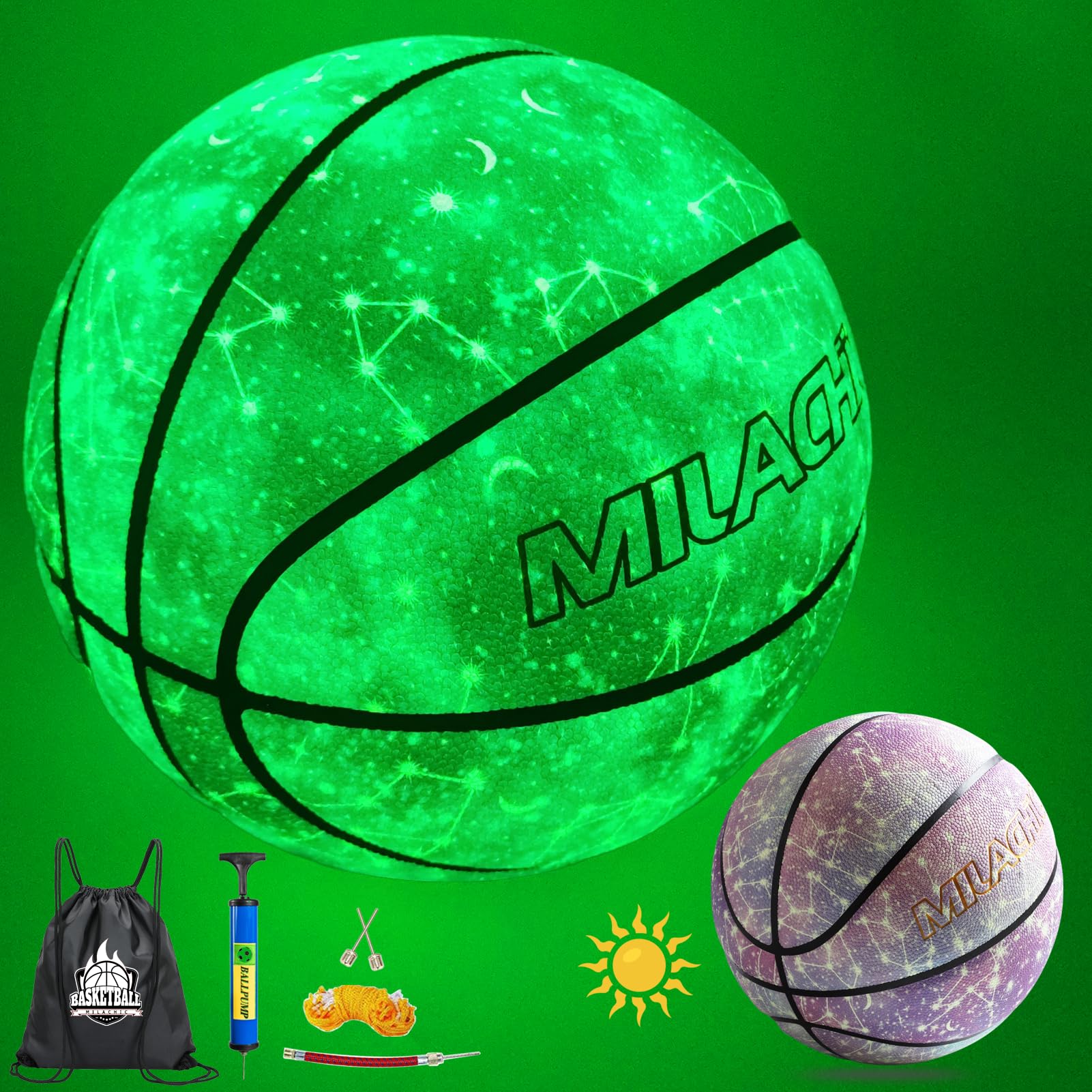 MILACHIC Glow in the Dark Basketball, Size 6/28.5" Luminous Glowing Dark Basketball for Teens, Youth, Women