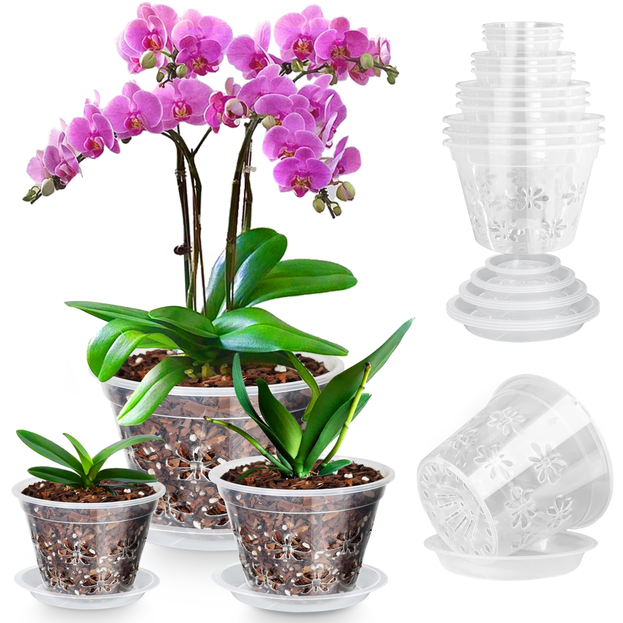 Orchid Pot 12 Pack | 3 of Each 4,5,6,7 Inch,Orchid Pots with Holes & Saucers - Clear Plastic Pot For Repotting, Breathable Ventilation Planters for Phalaenopsis, Dendrobium & Oncidium Orchids