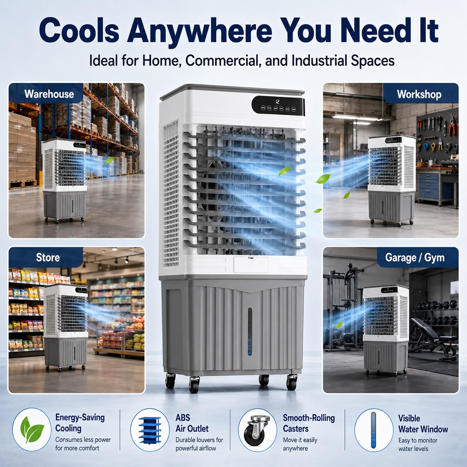 Refroidisseur d'air par évaporation Industriel, Refroidisseur de Marais Portable de 30 à 70 L avec télécommande