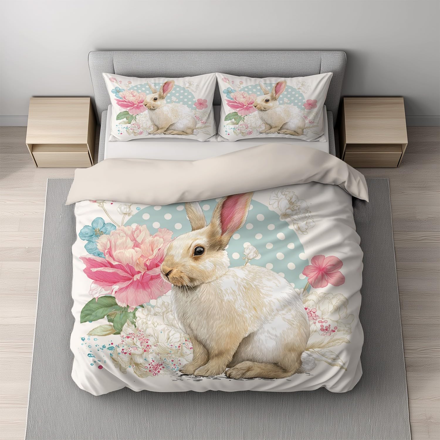 Genérico Crema Rosa Funda Nordica con Estampado de Recortable Vintage Conejo Flor - Suave y Transpirable Cierre Cremallera - Funda Nordica 150 x 220 Cama 80|90 + Funda de Almohada 1 x 50 x 70
