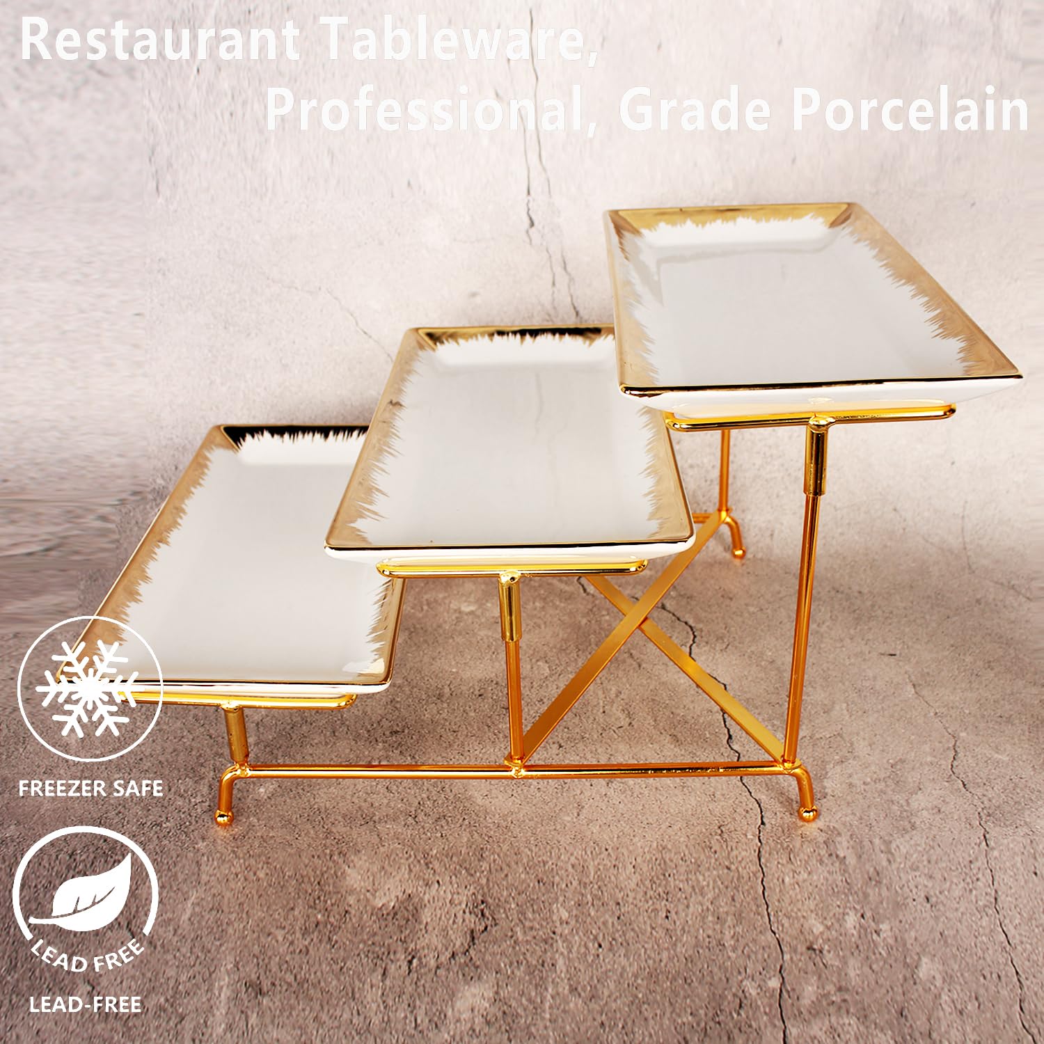 Set di 3 vassoi da portata con 3 vassoi in porcellana da 29 cm e bordo dorato, robusto supporto in oro, per feste, presentazioni di cibo, dessert alla frutta