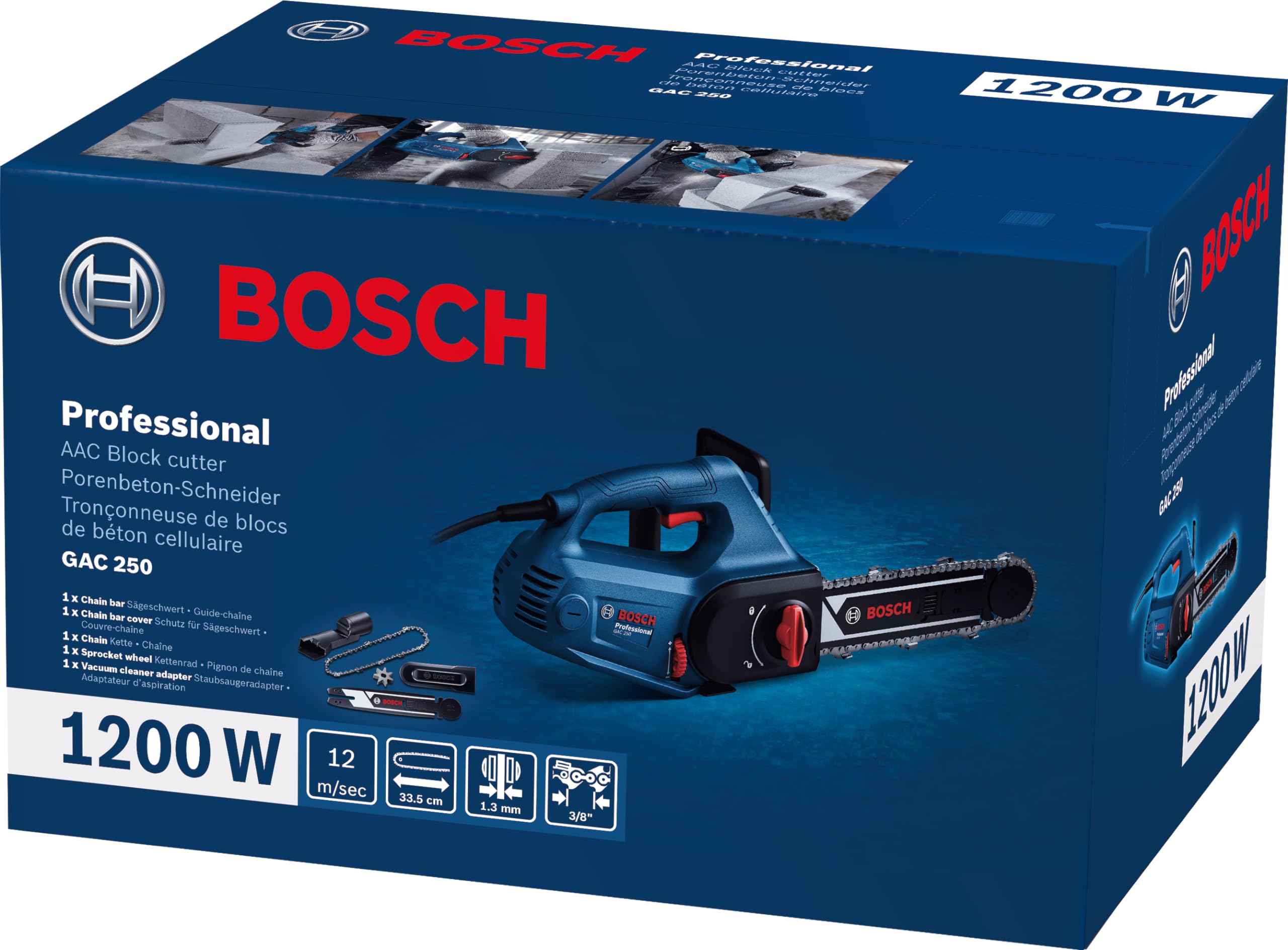 Bosch Professional: piła do bloczków z betonu komórkowego GAC 250 (prędkość łańcucha 12 m/s, rozmiar łańcucha 3/8 cala, długość prowadnicy 250 mm)