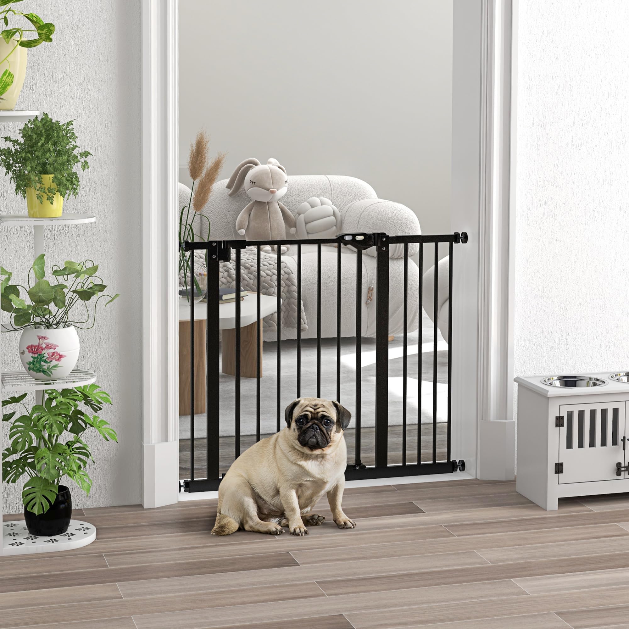 PawHut Barrera de Seguridad para Perros Extensible 74-94 cm Negro | para Puertas y Escaleras, Cierre Automático, Montaje a Presión, Doble Bloqueo, 3 Extensiones 17,5/20,3/30,5 cm