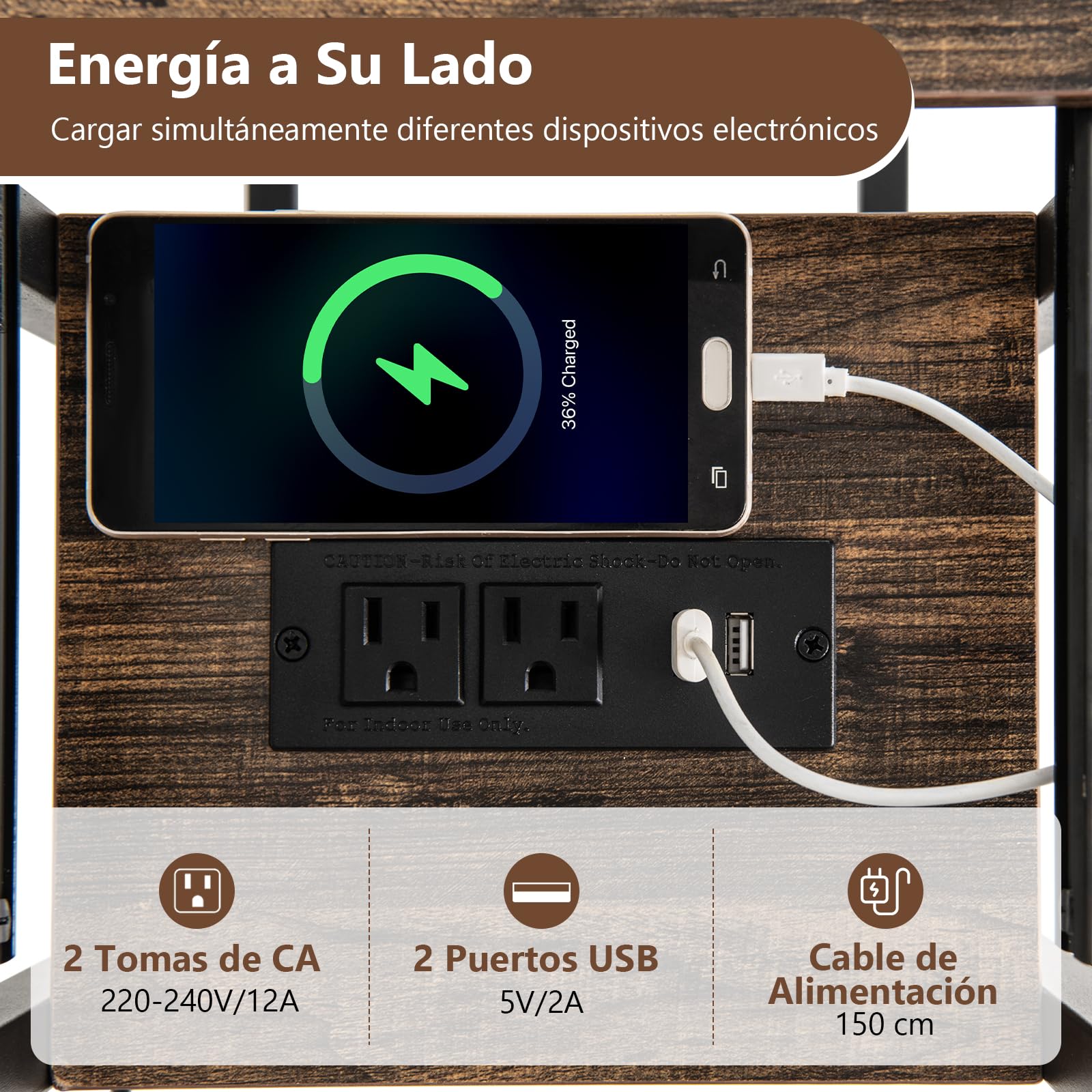 GYMAX Mesa Lateral con 4 Ruedas, Mesa con Superficie Extensible, Mesa en Forma de C, Mesa de Noche con Bolsillo y Estación de Carga, Ideal para Sala de Estar y Dormitorio (Marrón Rústico)
