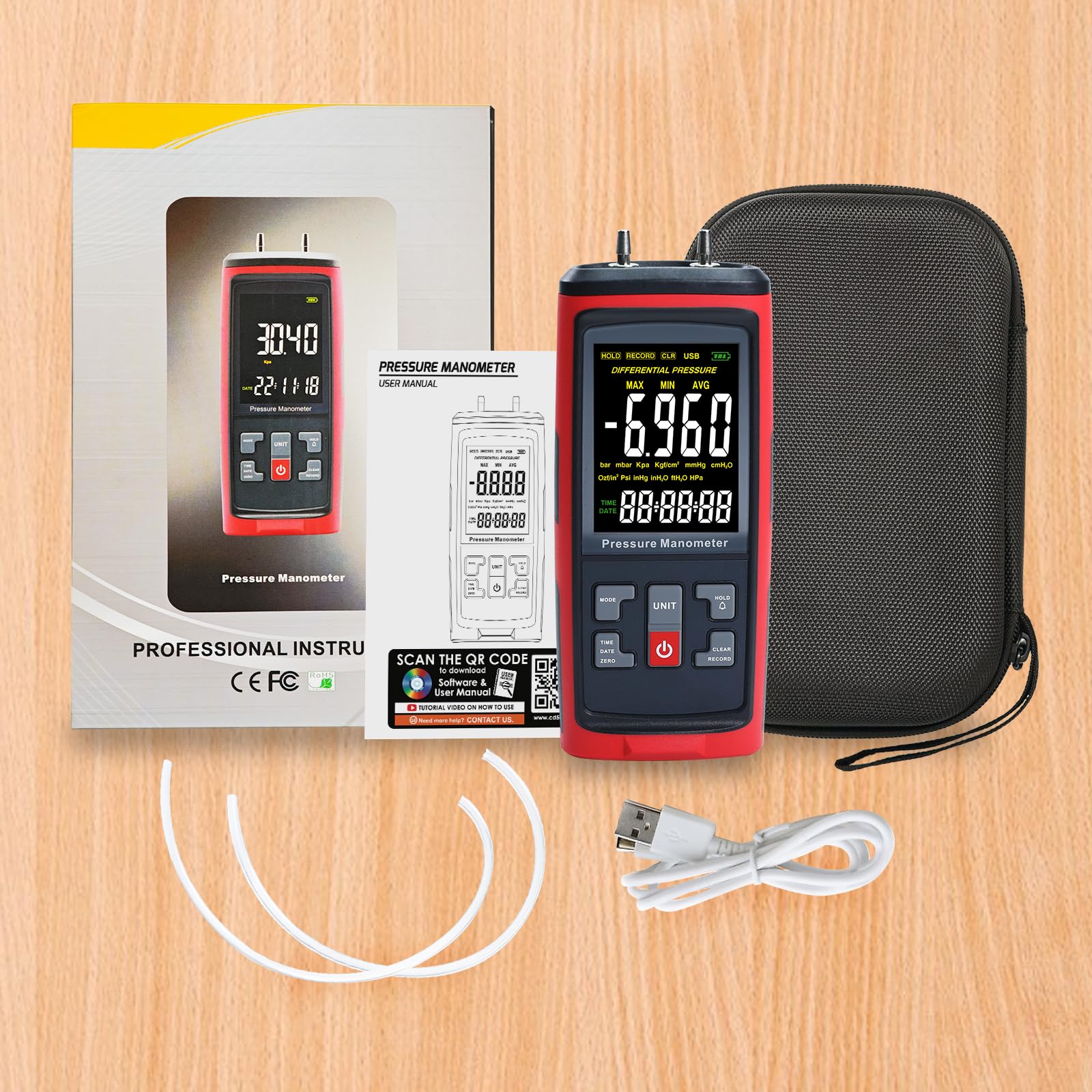 Manometro Digitale Differenziale 13 Unità bar mbar kPa psi per Aria e Gas, Tester HVAC con Gamma di Misura ±50 kPa, Registrazione Dati per Pneumatica, Compressori, Valvole e Serbatoi