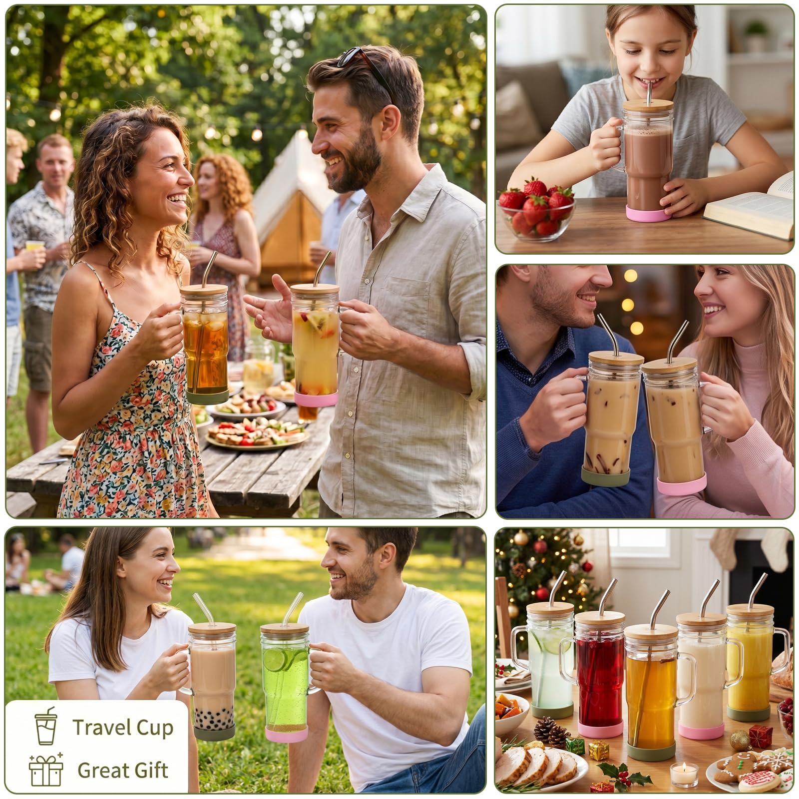 Yesland Glasbecher mit Griff, 680 ml, Einmachglas mit Bambusdeckel und Strohhalmen, wiederverwendbare Kaffeetassen, Trinkgläser für Eiskaffee, Smoothies, Bier, Saft und Bubble Tee, Geschenk, 4 Stück