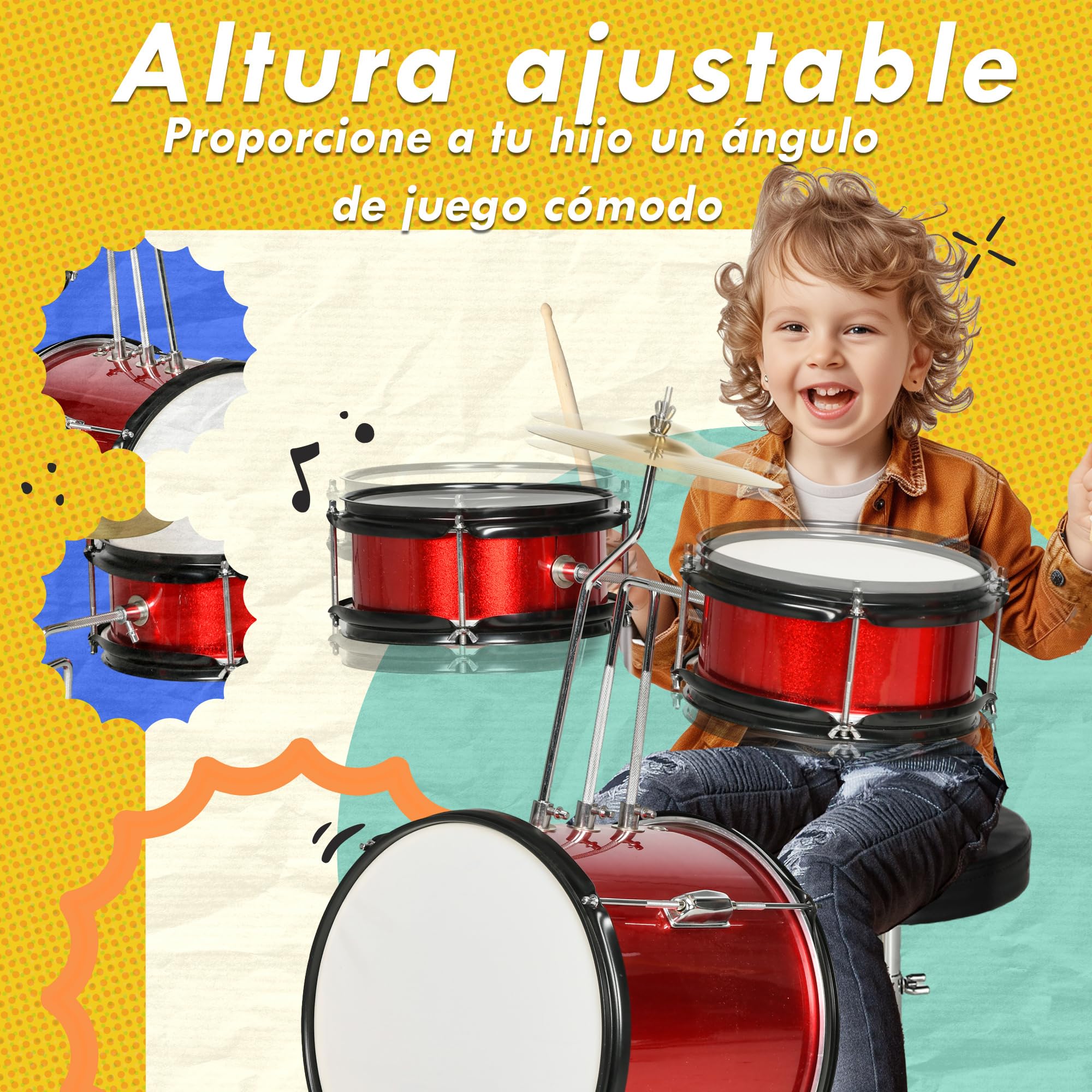 AIYAPLAY Batería Infantil Taburete Ajustable +3 Años 80x60x48-65 cm Rojo | Batería para Niños, Tambores, Bombo, Platillo, Pedal, Baquetas